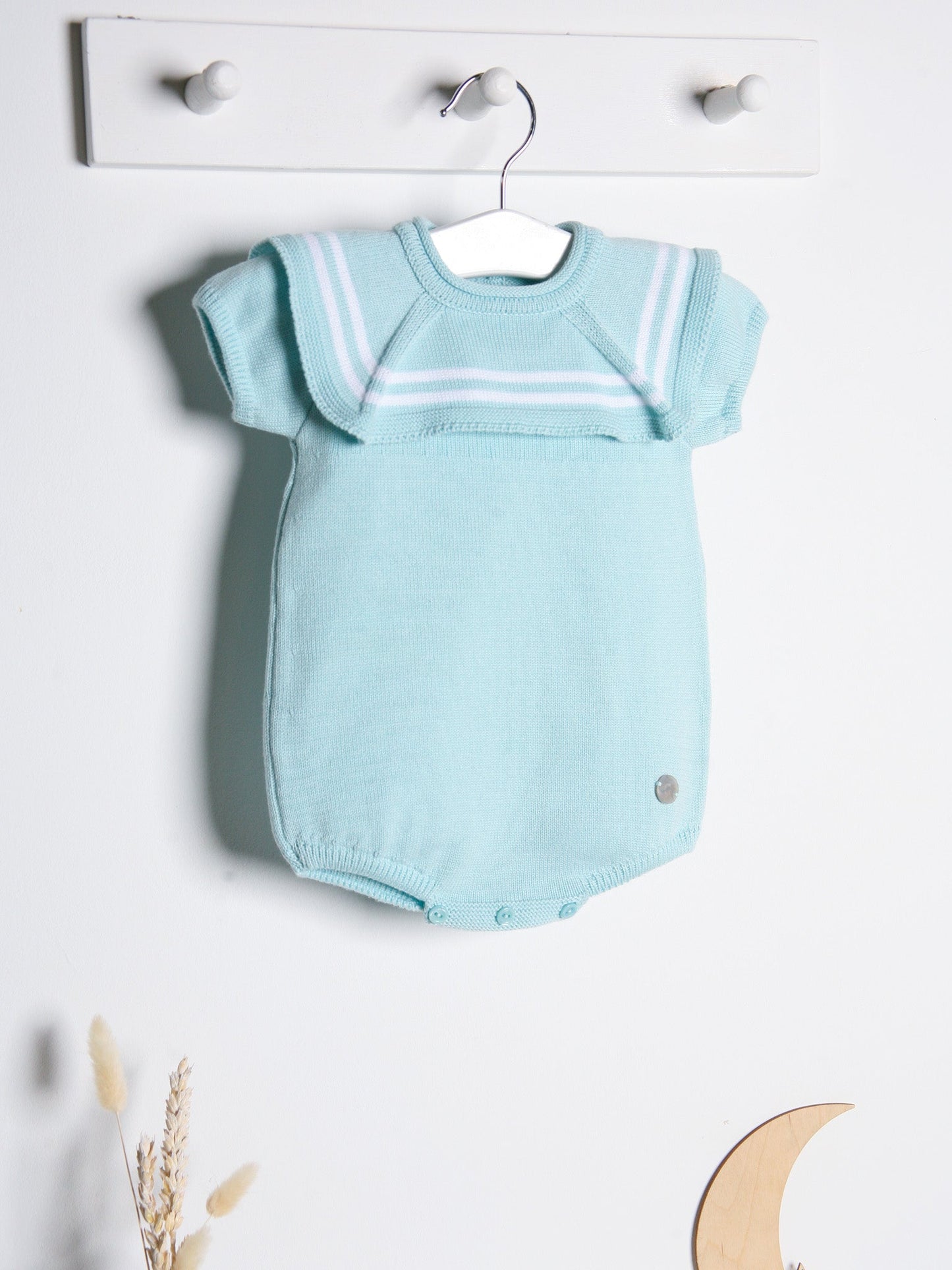 'Beau' mint & white knitted romper with sailor collar - Rose & Albert