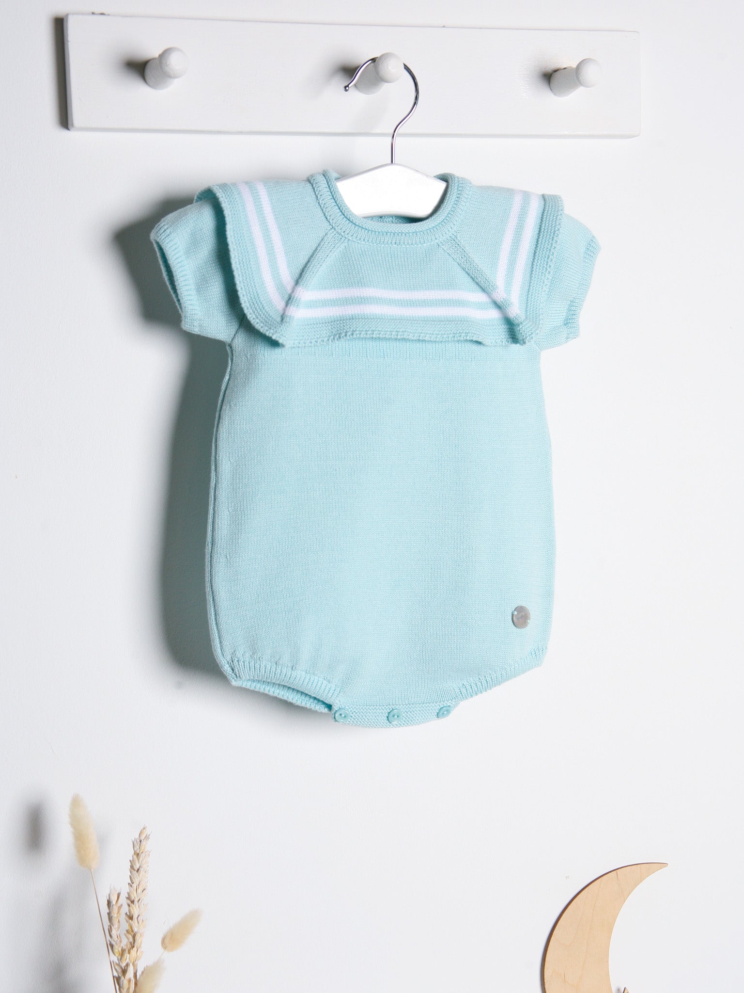 'Beau' mint & white knitted romper with sailor collar - Rose & Albert