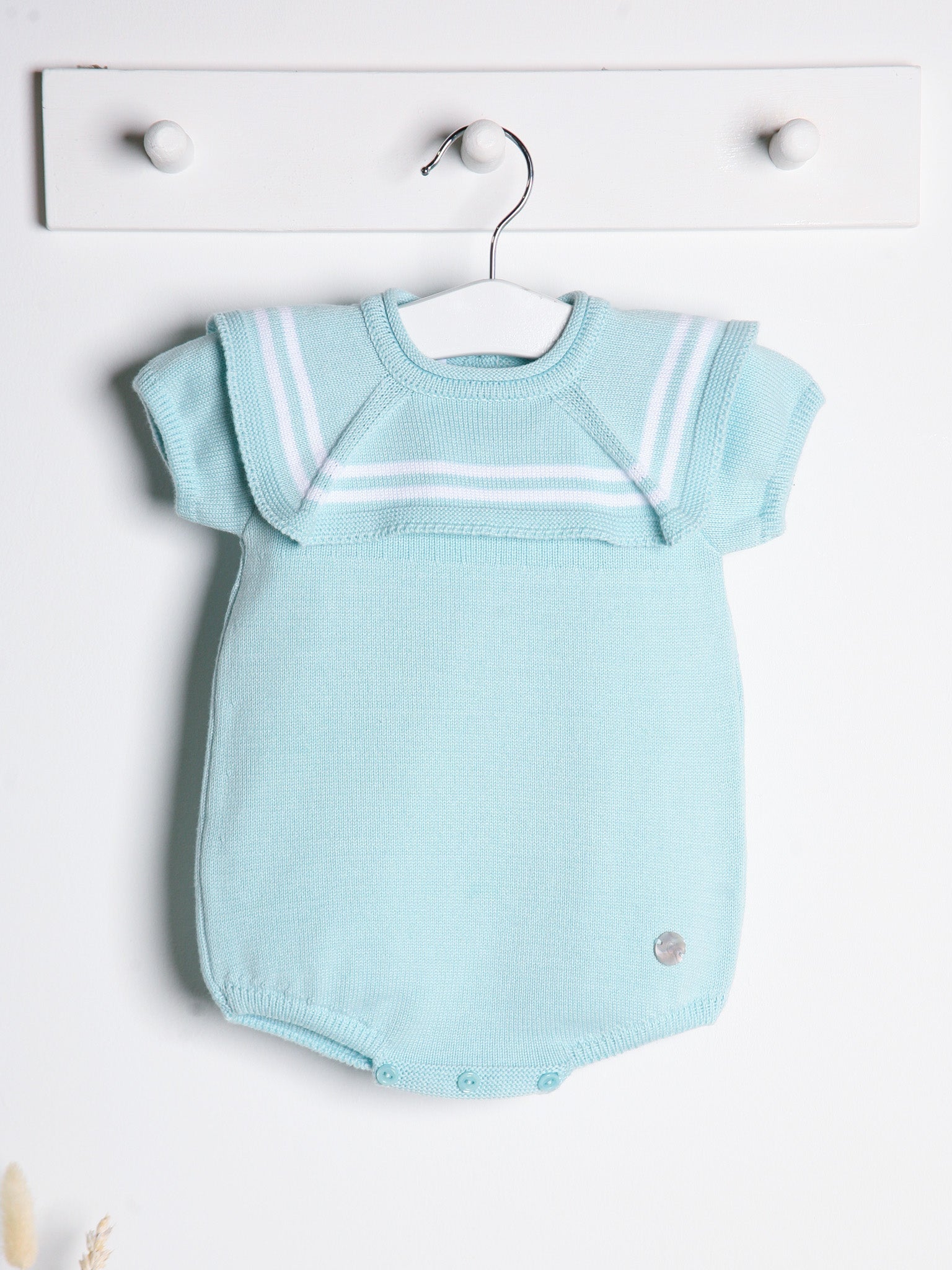 'Beau' mint & white knitted romper with sailor collar - Rose & Albert