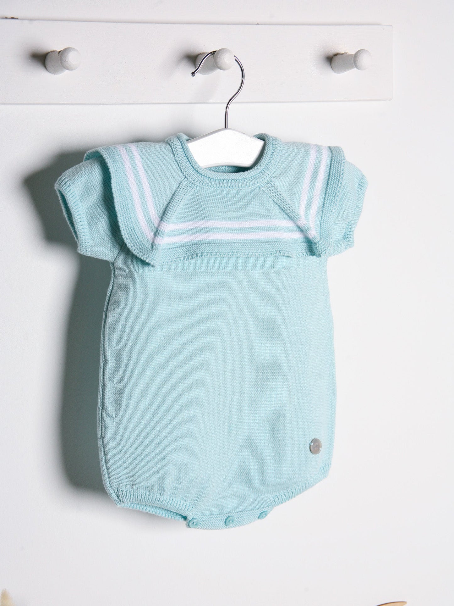 'Beau' mint & white knitted romper with sailor collar - Rose & Albert