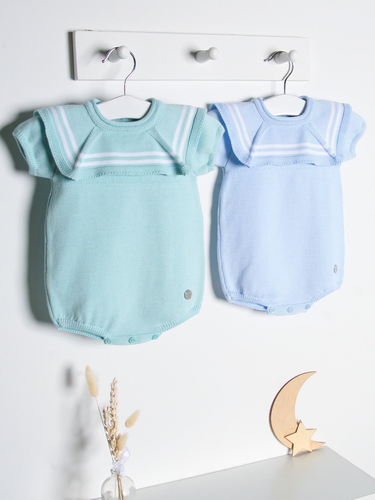 'Jack' blue & white knitted romper with sailor collar - Rose & Albert