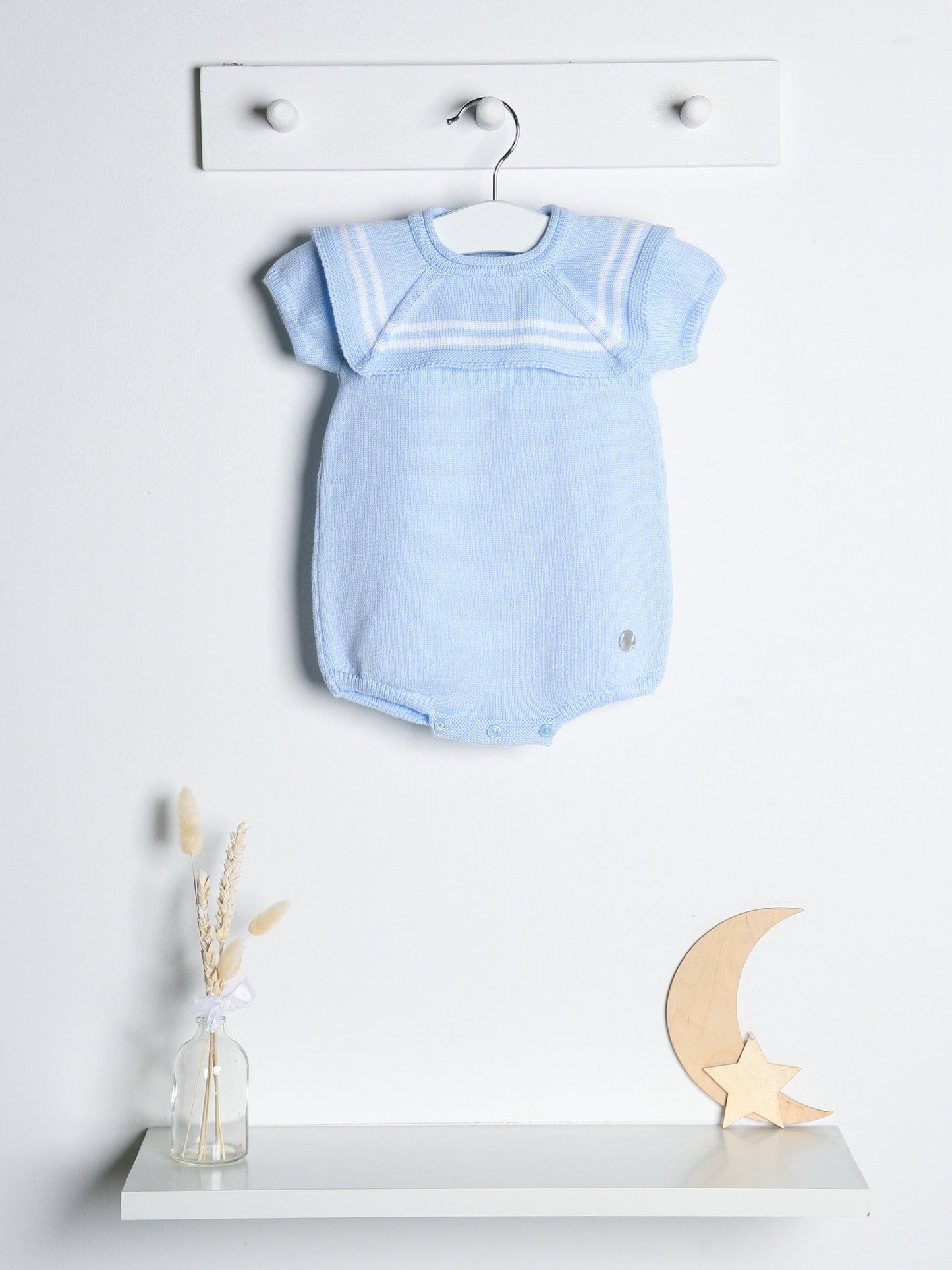 'Jack' blue & white knitted romper with sailor collar - Rose & Albert
