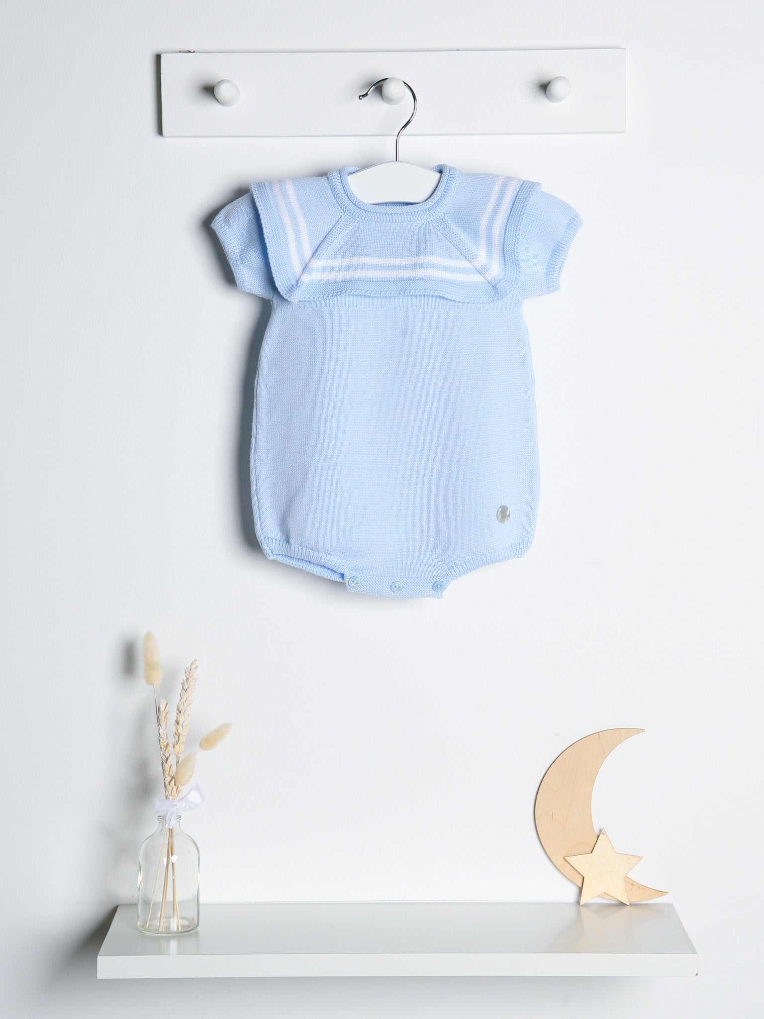 'Jack' blue & white knitted romper with sailor collar - Rose & Albert