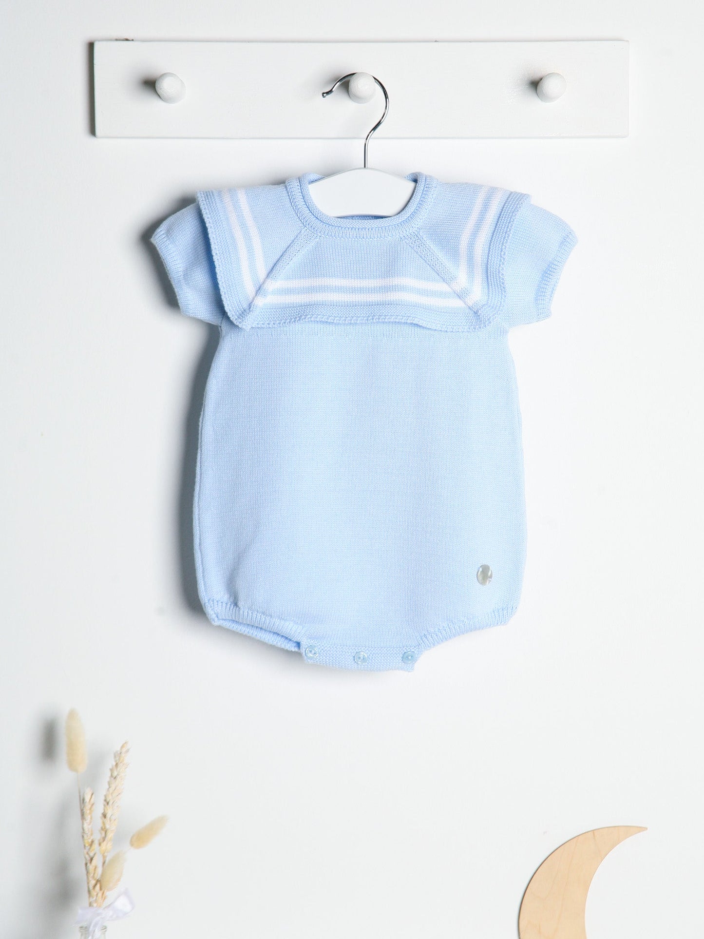 'Jack' blue & white knitted romper with sailor collar - Rose & Albert