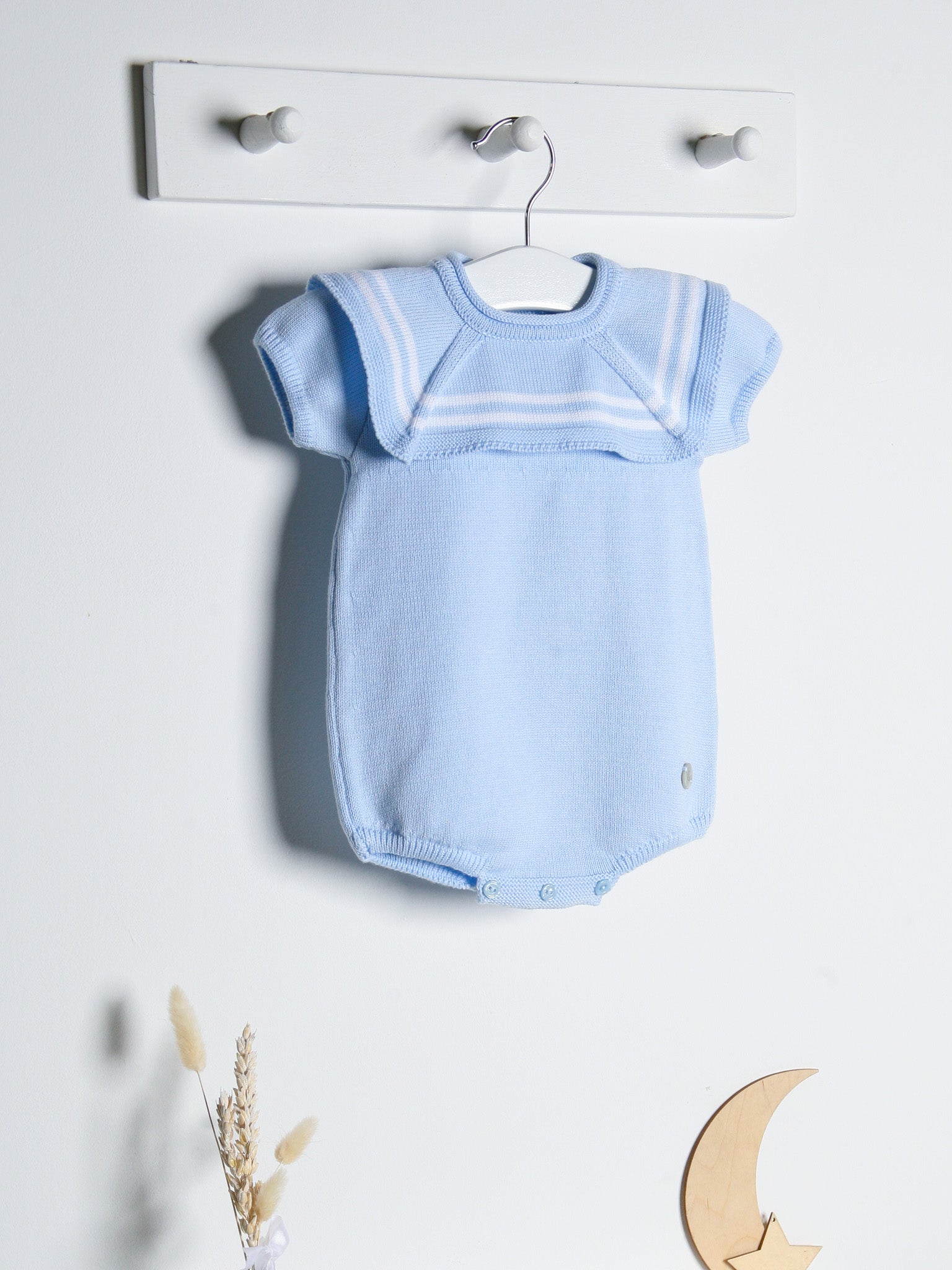'Jack' blue & white knitted romper with sailor collar - Rose & Albert