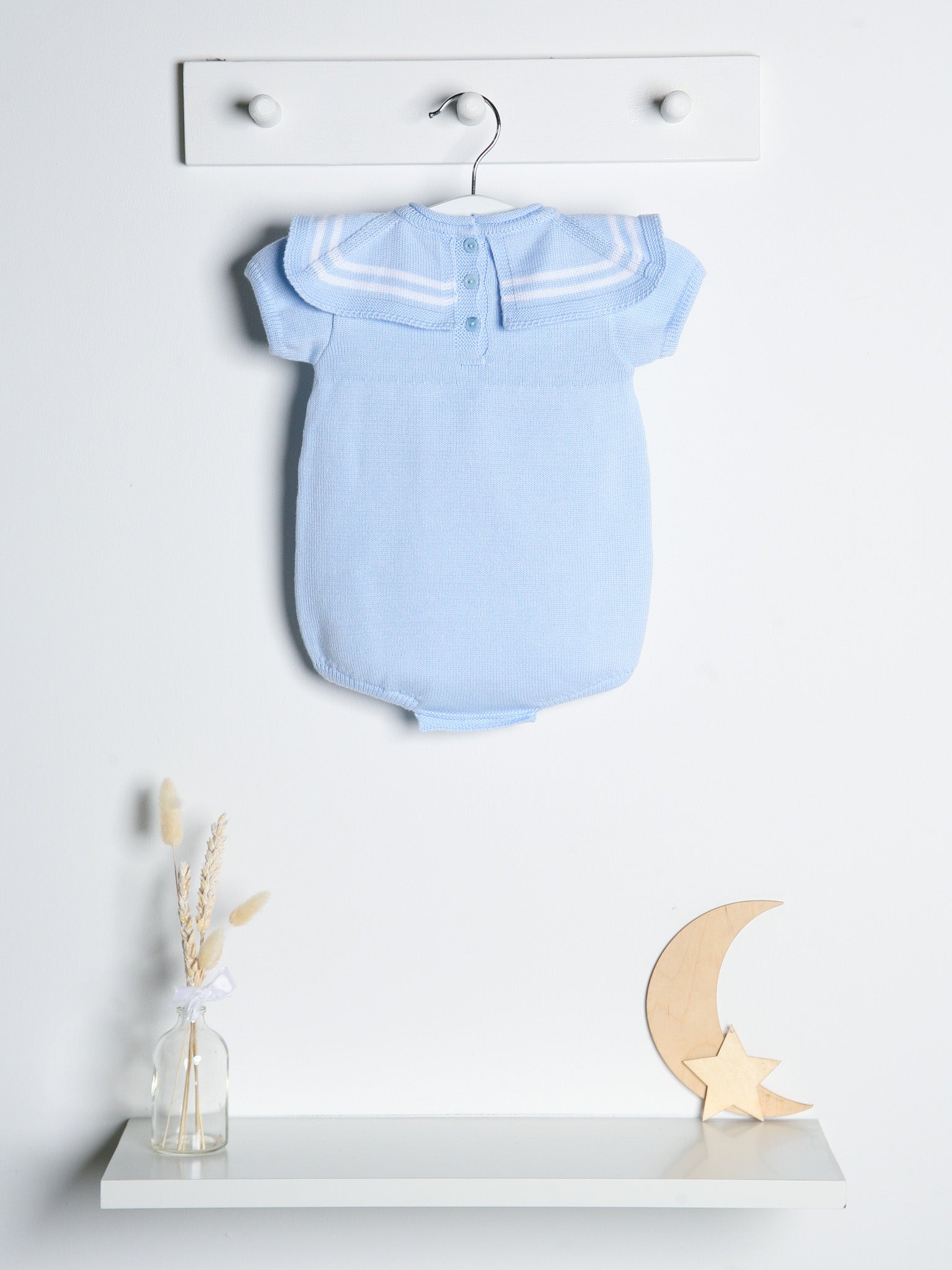 'Jack' blue & white knitted romper with sailor collar - Rose & Albert