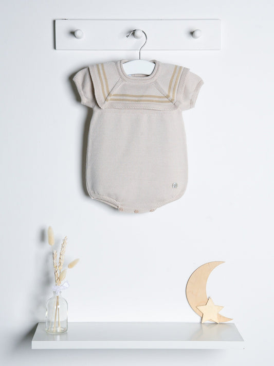 'Max' beige & camel knitted romper with sailor collar - Rose & Albert