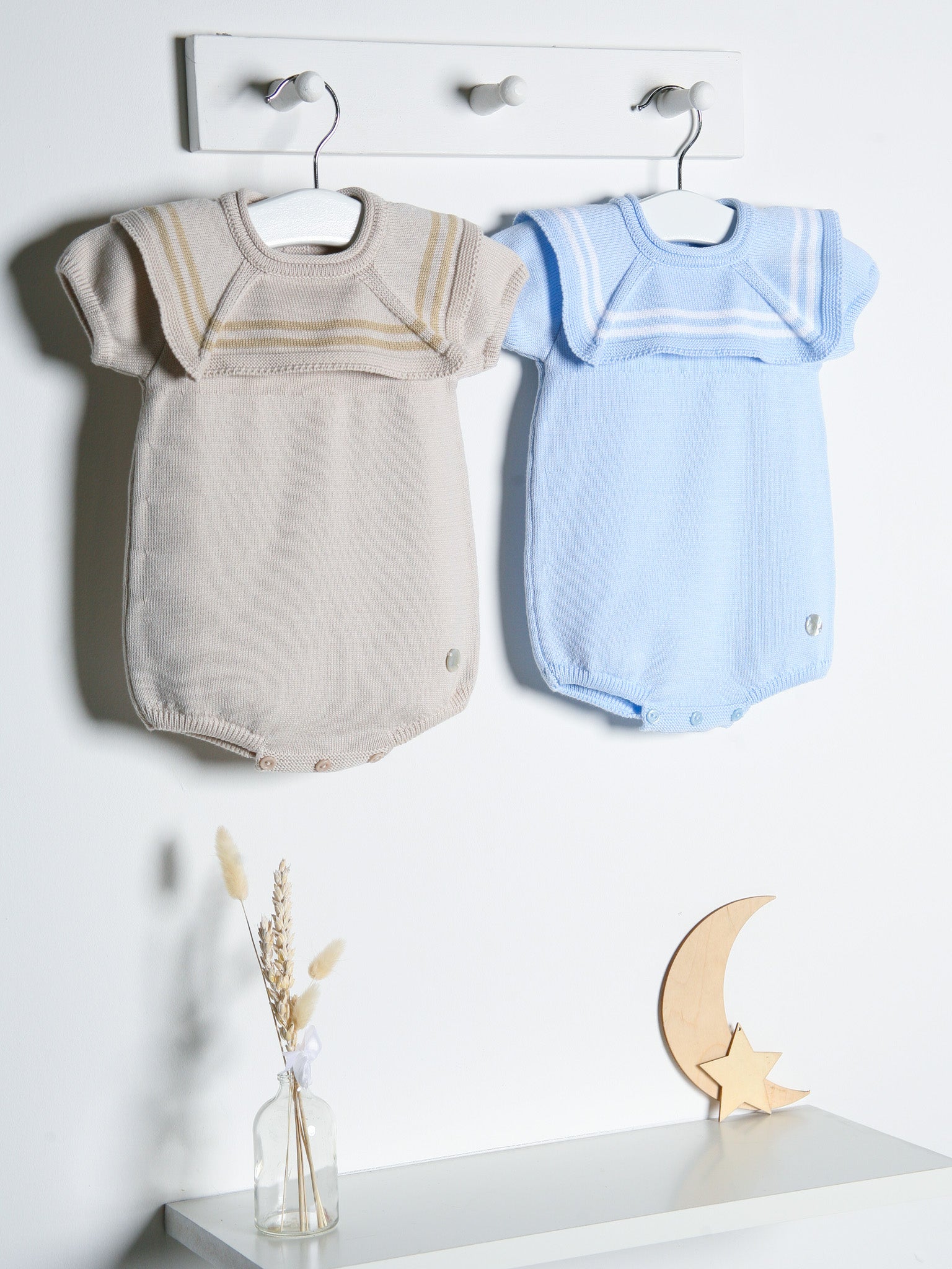 'Max' beige & camel knitted romper with sailor collar - Rose & Albert
