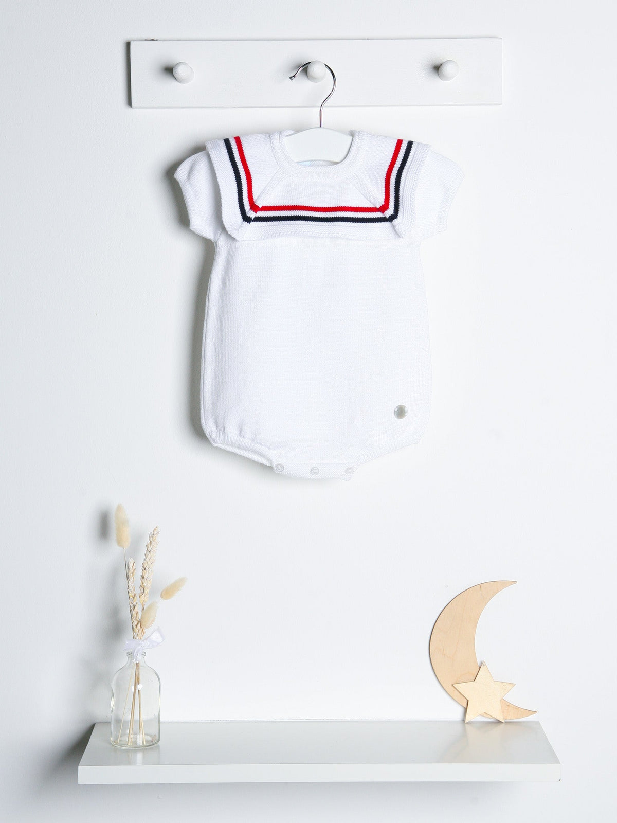 'Joshua' white, red & navy knitted romper with sailor collar - Rose & Albert