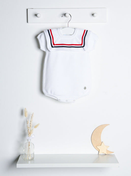 'Joshua' white, red & navy knitted romper with sailor collar - Rose & Albert