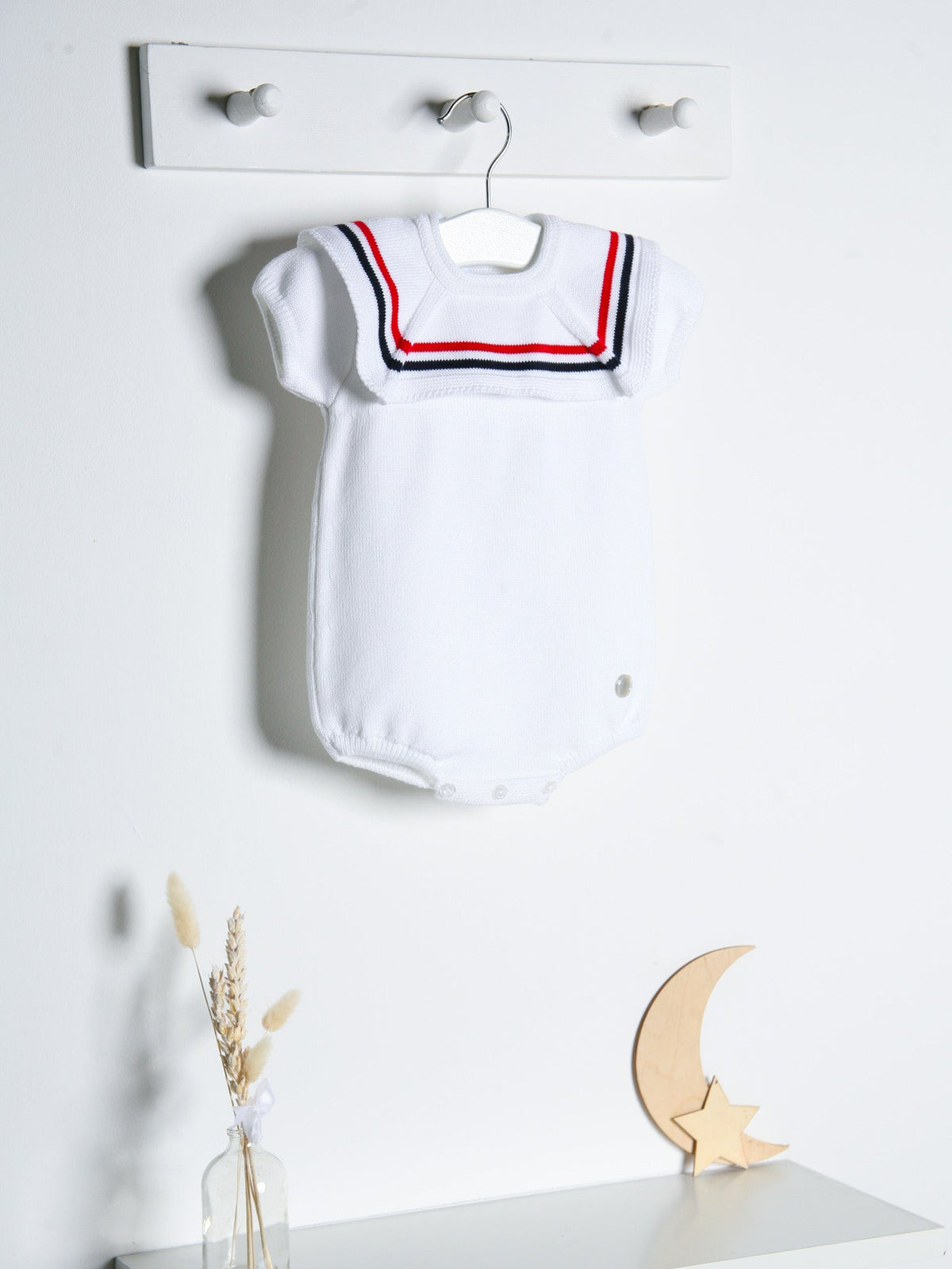'Joshua' white, red & navy knitted romper with sailor collar - Rose & Albert