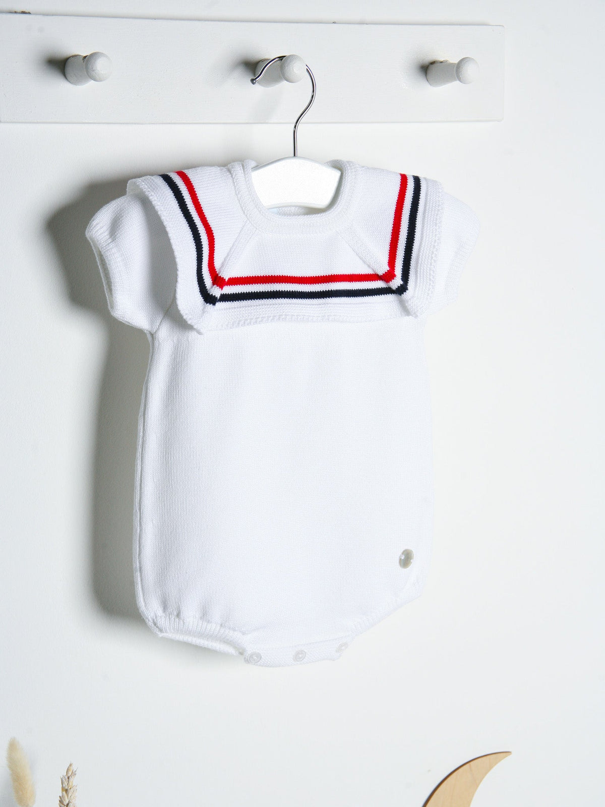 'Joshua' white, red & navy knitted romper with sailor collar - Rose & Albert