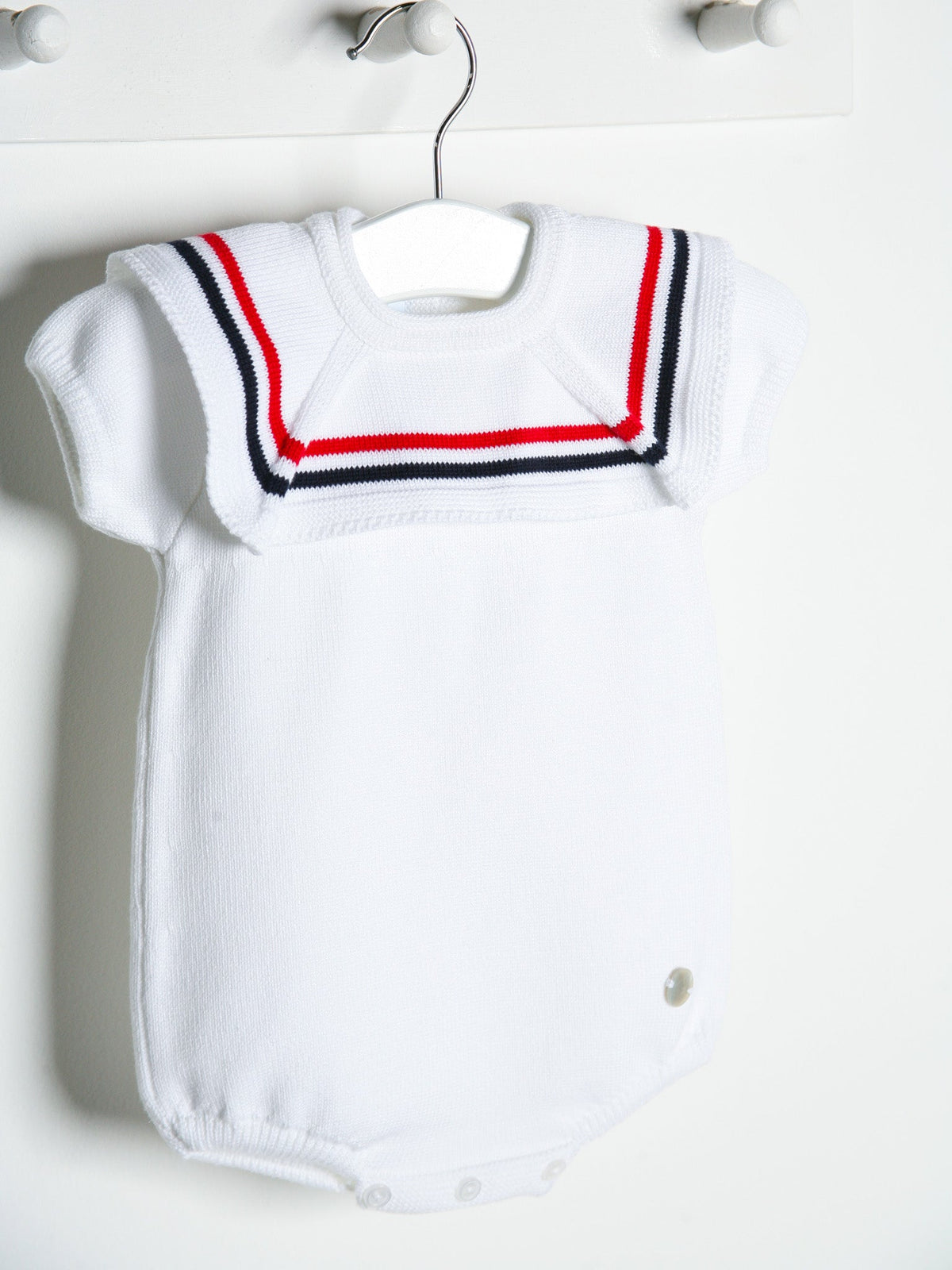 'Joshua' white, red & navy knitted romper with sailor collar - Rose & Albert