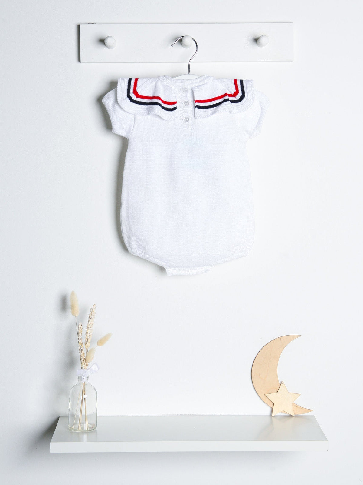 'Joshua' white, red & navy knitted romper with sailor collar - Rose & Albert