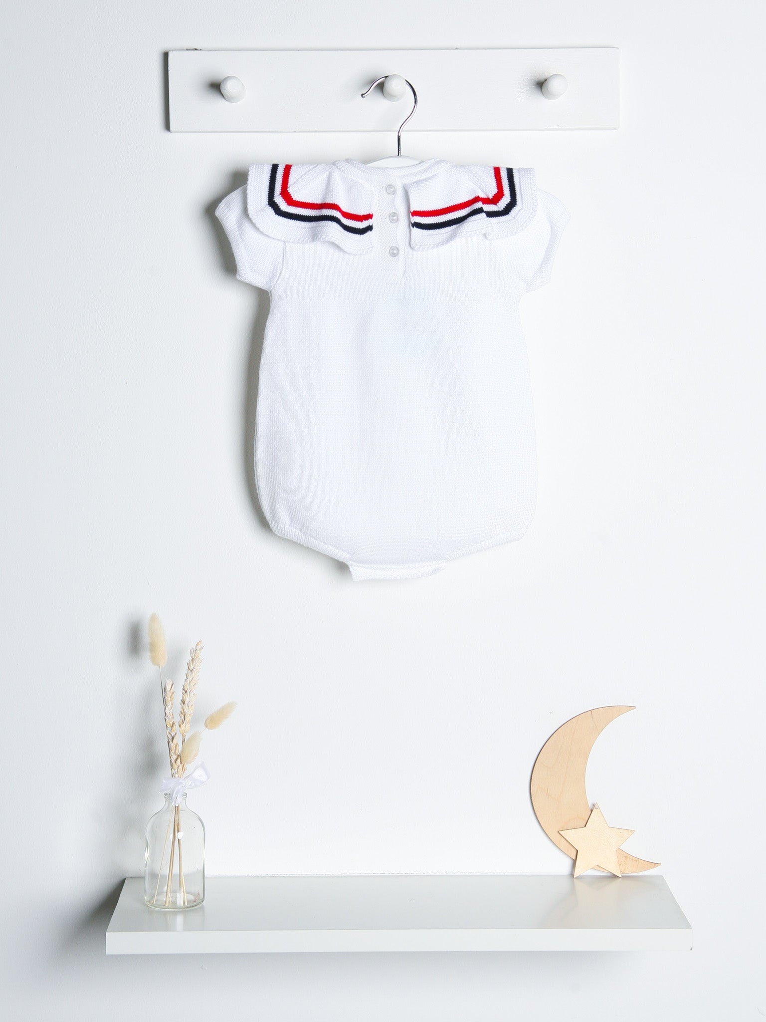 'Joshua' white, red & navy knitted romper with sailor collar - Rose & Albert