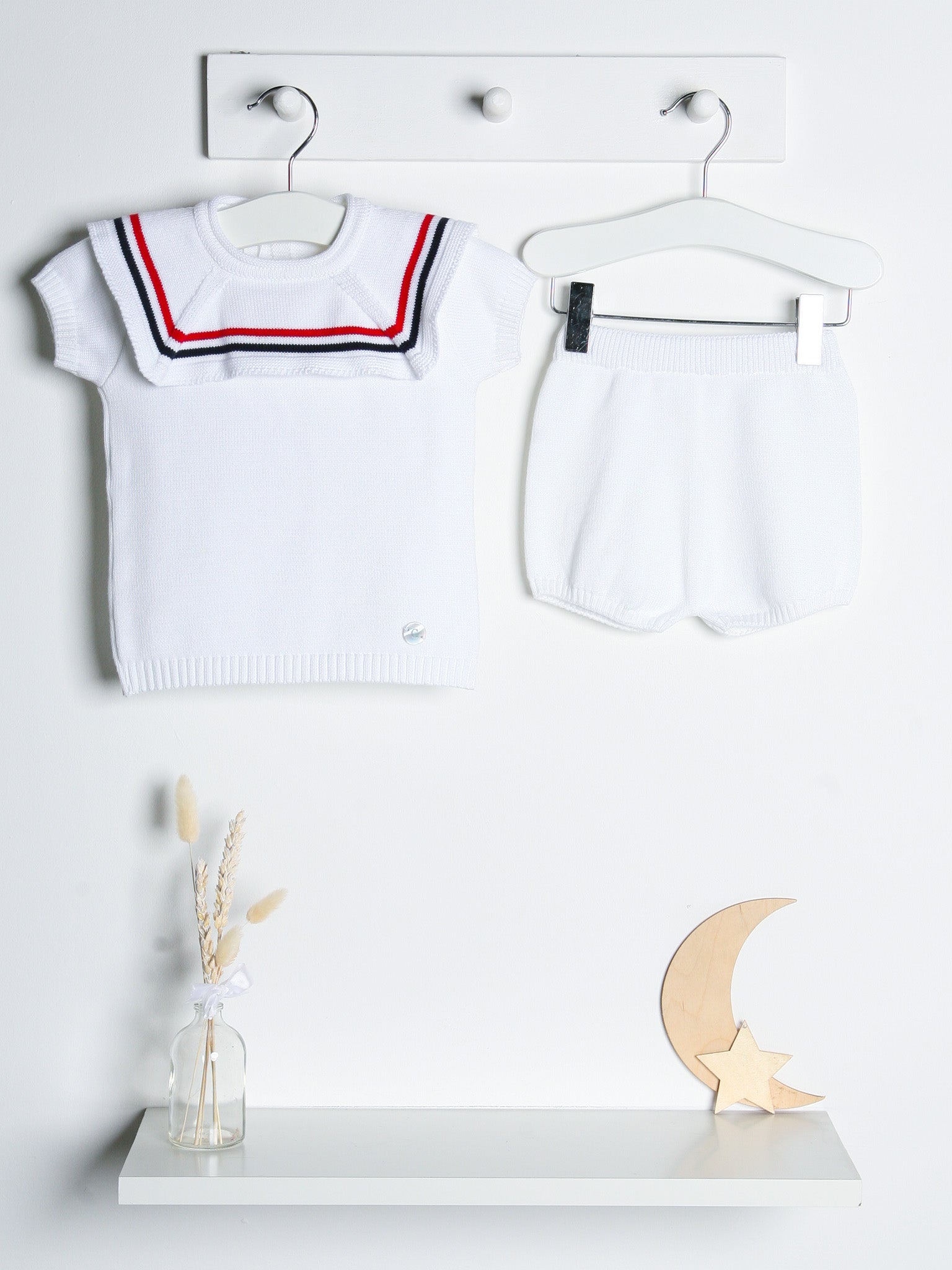 'Oscar' white, navy & red knitted short set with sailor collar - Rose & Albert