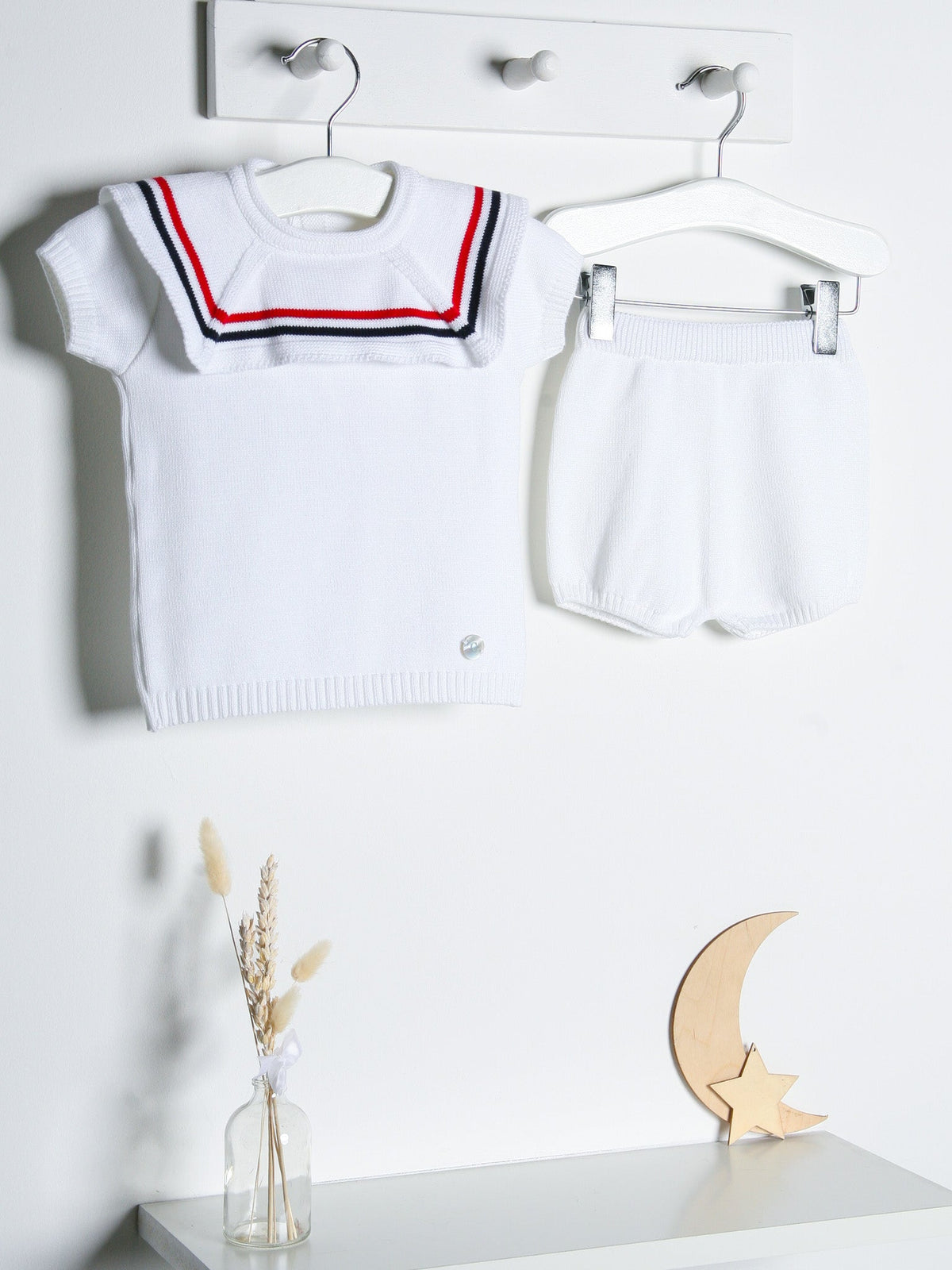 'Oscar' white, navy & red knitted short set with sailor collar - Rose & Albert