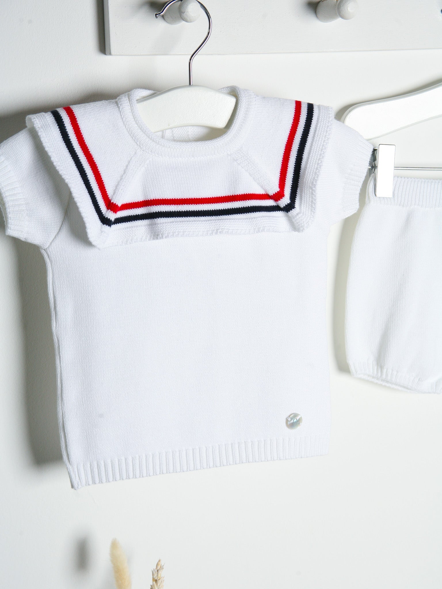 'Oscar' white, navy & red knitted short set with sailor collar - Rose & Albert