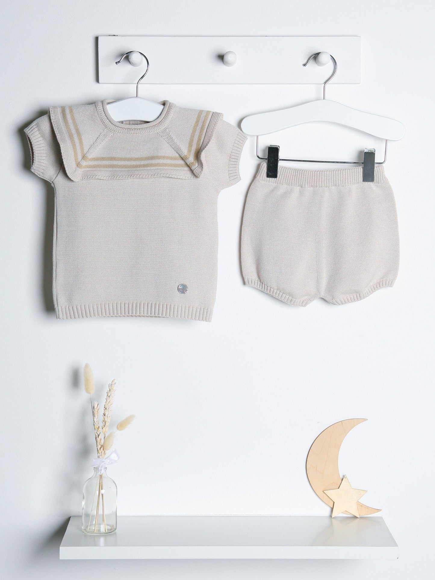 Archie' Knitted Short Set with Sailor Collar in Beige
