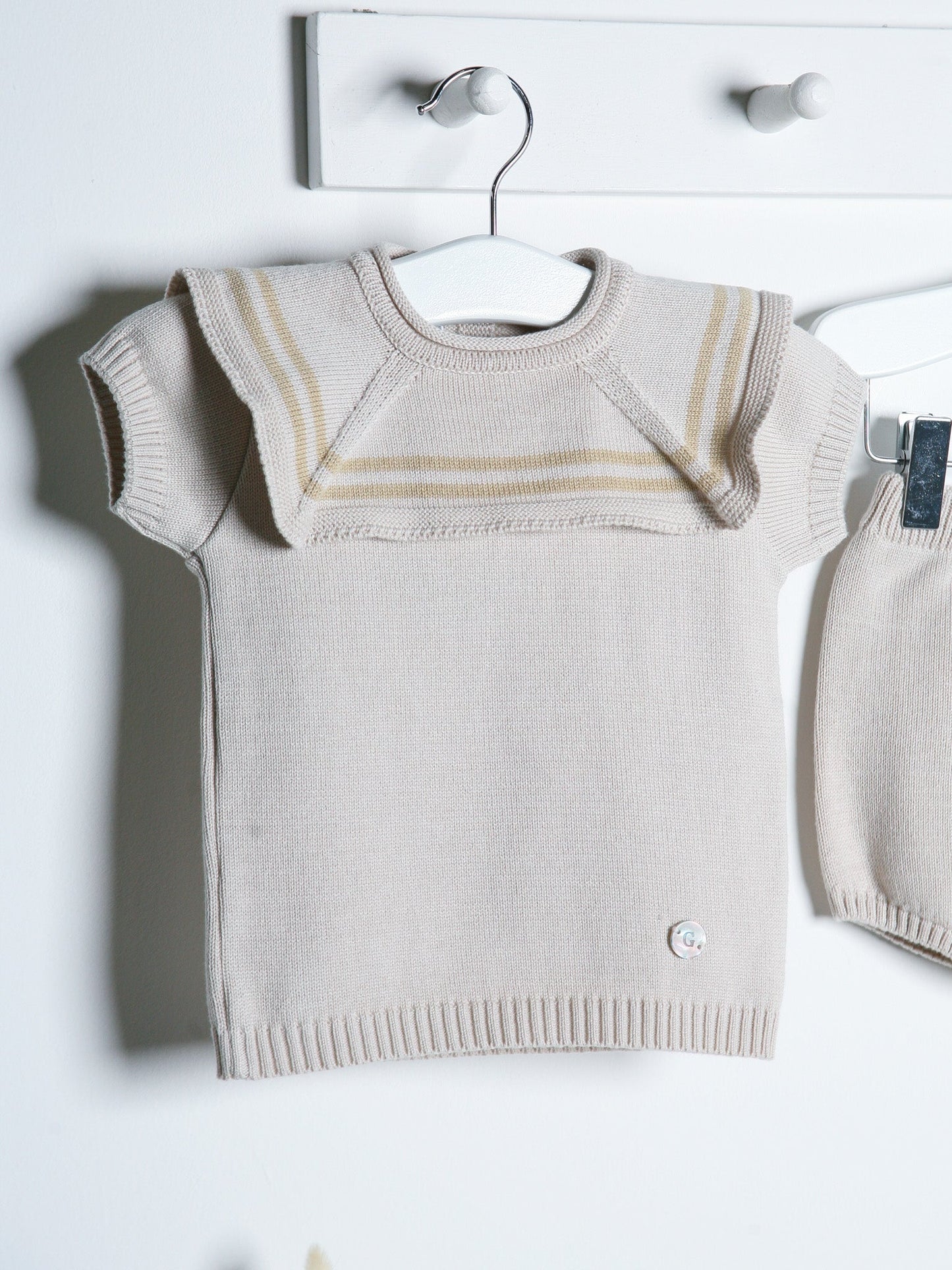 Archie' Knitted Short Set with Sailor Collar in Beige