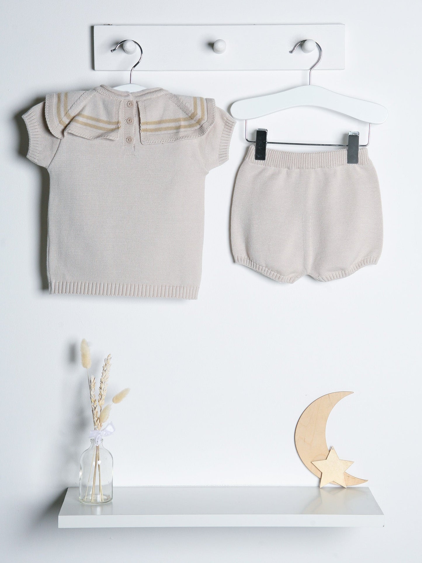 Archie' Knitted Short Set with Sailor Collar in Beige