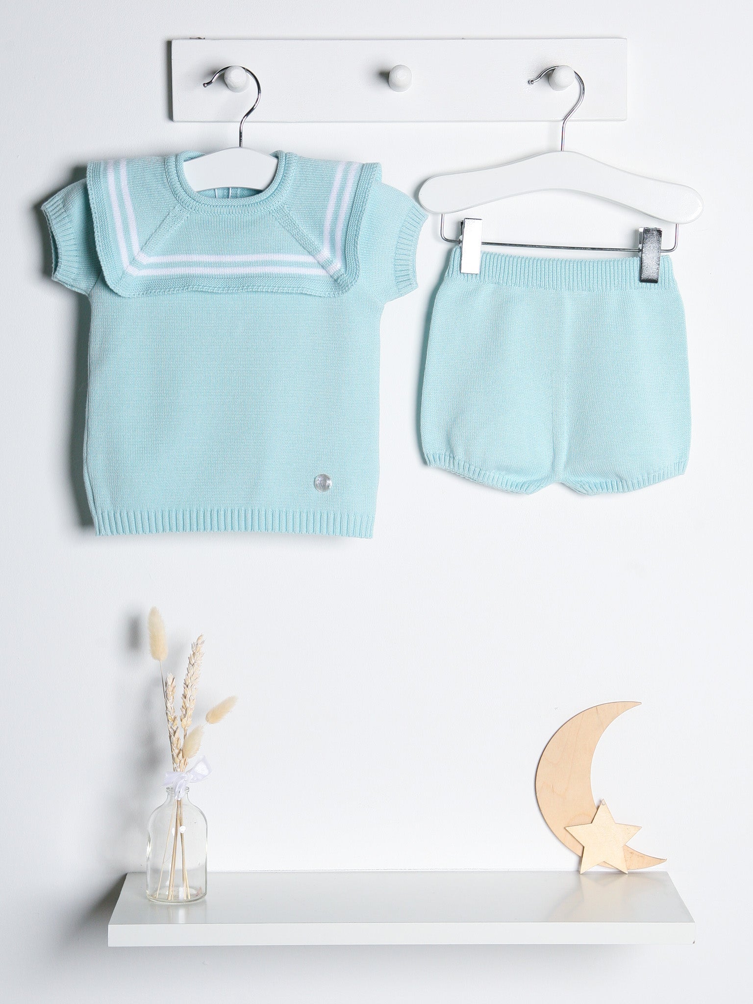 'Freddie' mint & white knitted short set with sailor collar - Rose & Albert