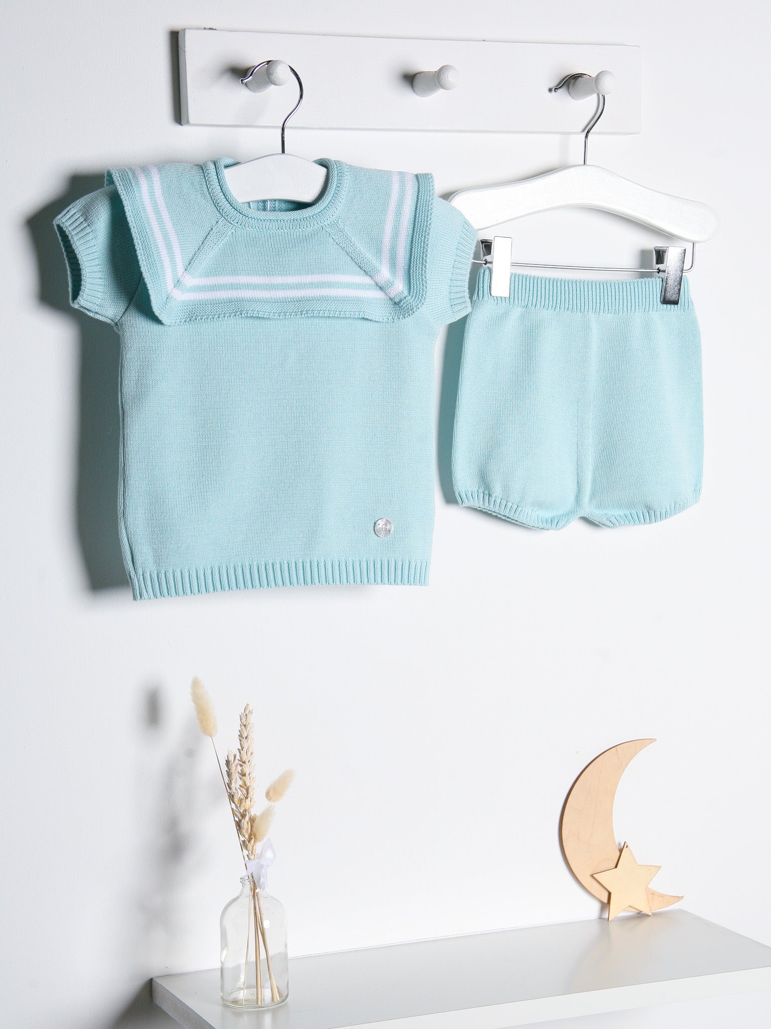 'Freddie' mint & white knitted short set with sailor collar - Rose & Albert