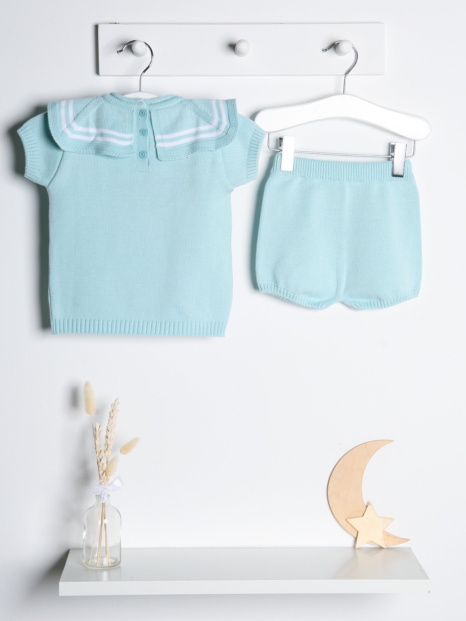 'Freddie' mint & white knitted short set with sailor collar - Rose & Albert