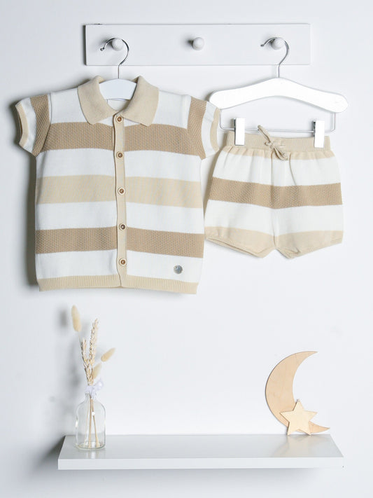 'Ezra' Beige Stripe Knitted Short Set - Rose & Albert
