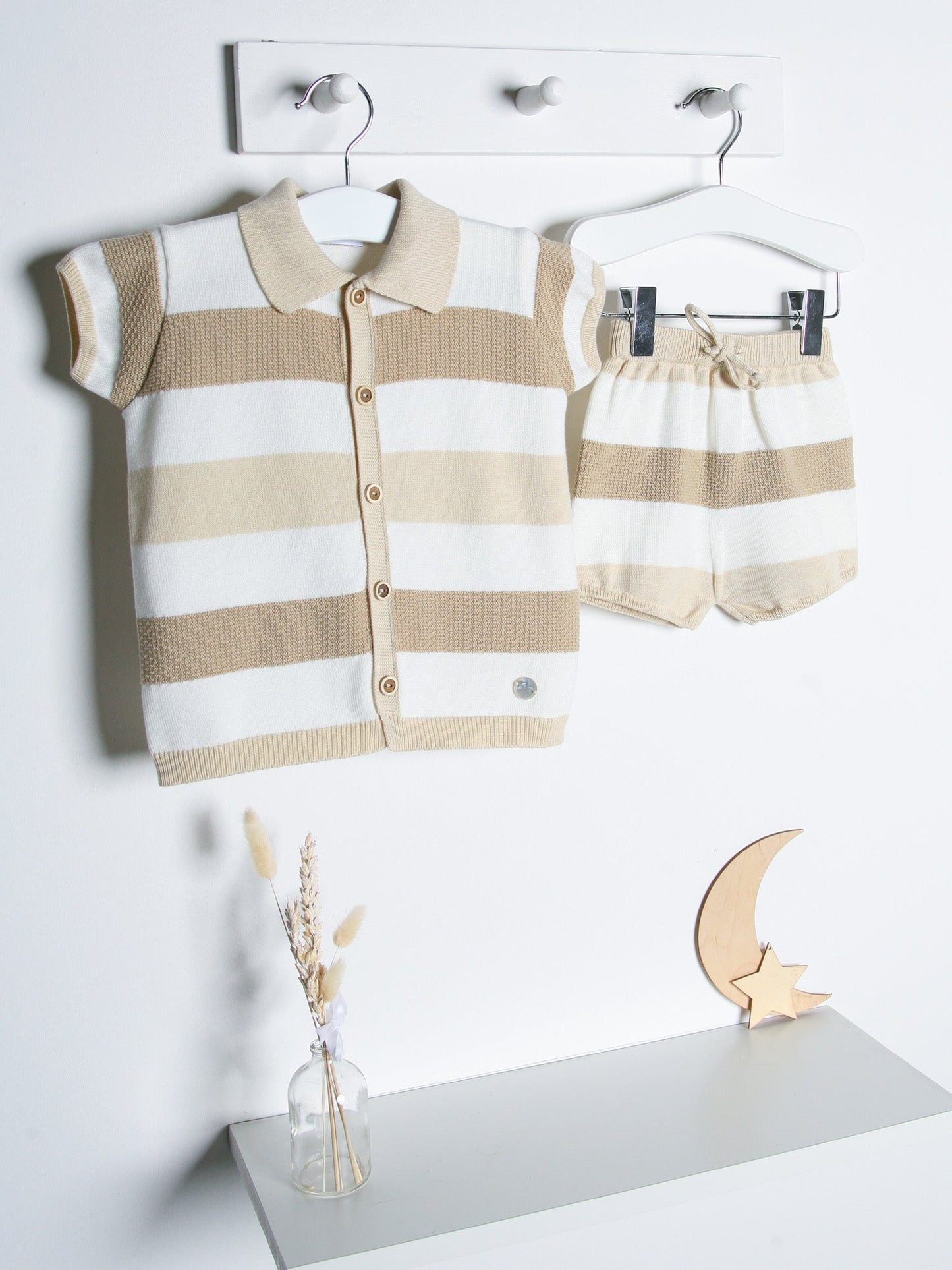 'Ezra' Beige Stripe Knitted Short Set - Rose & Albert