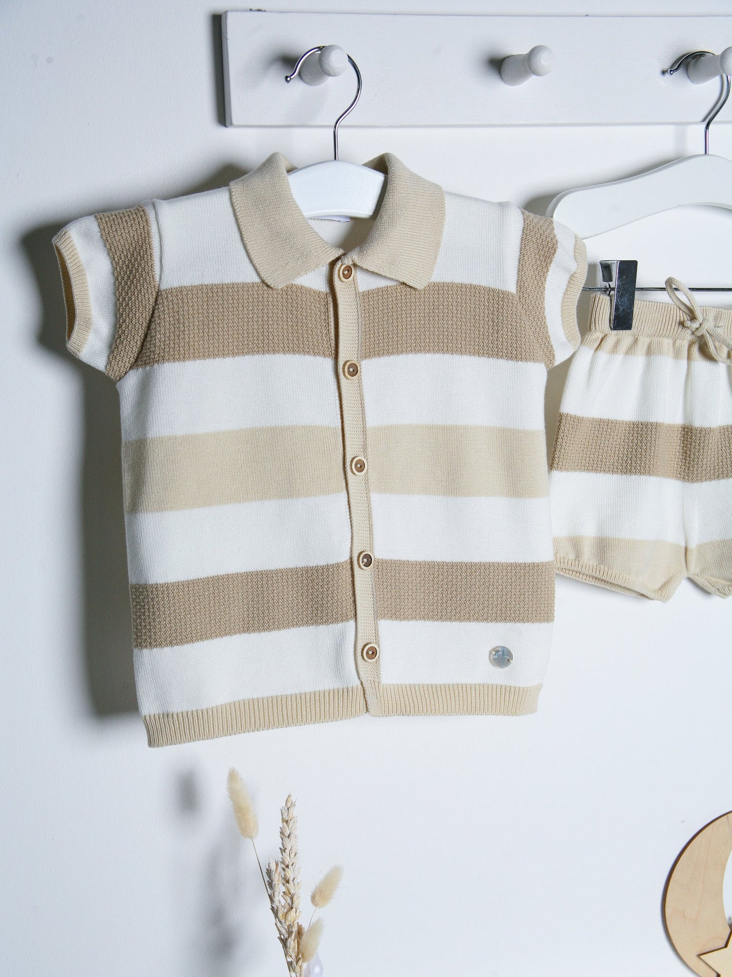 'Ezra' Beige Stripe Knitted Short Set - Rose & Albert