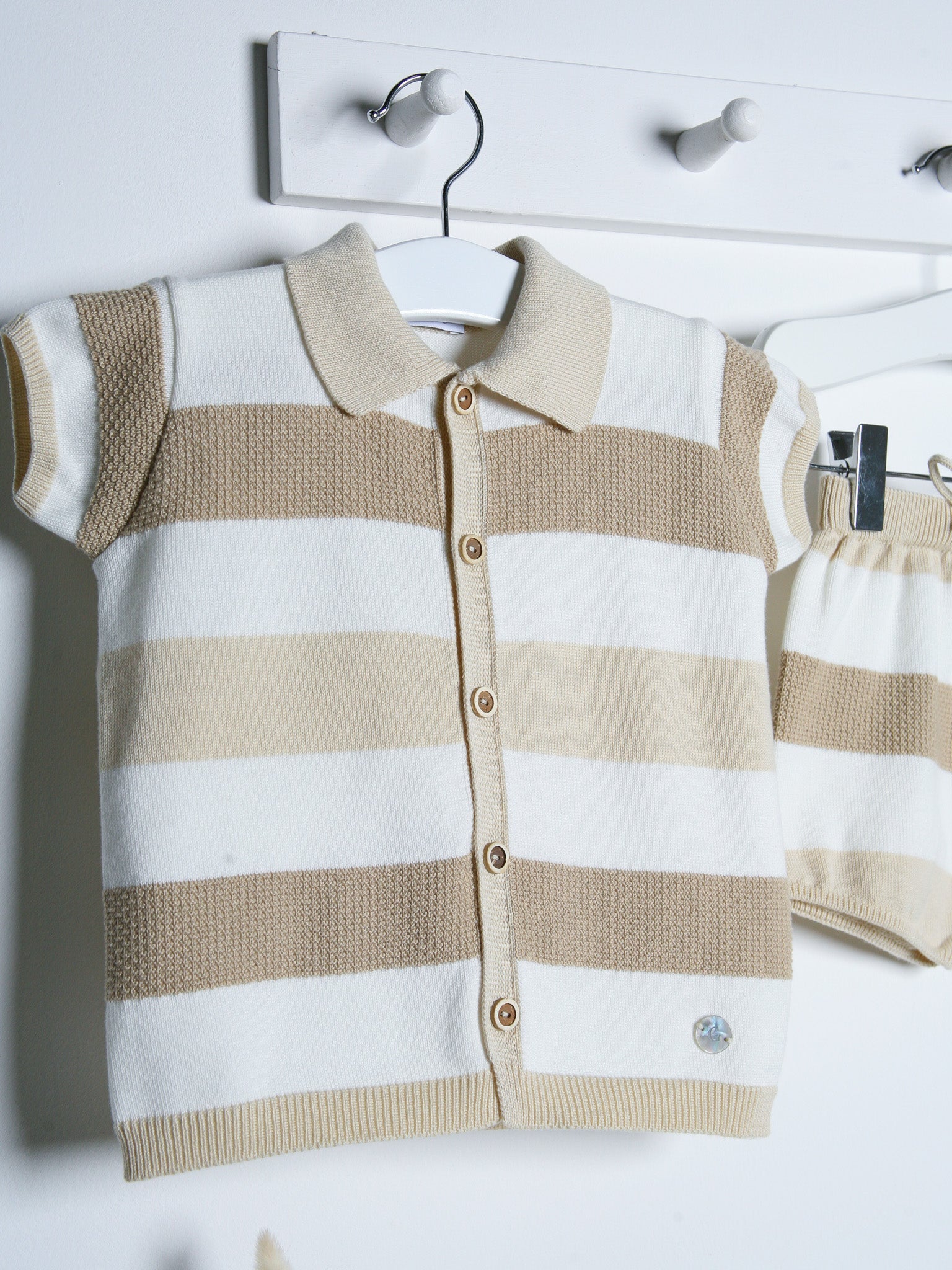 'Ezra' Beige Stripe Knitted Short Set - Rose & Albert