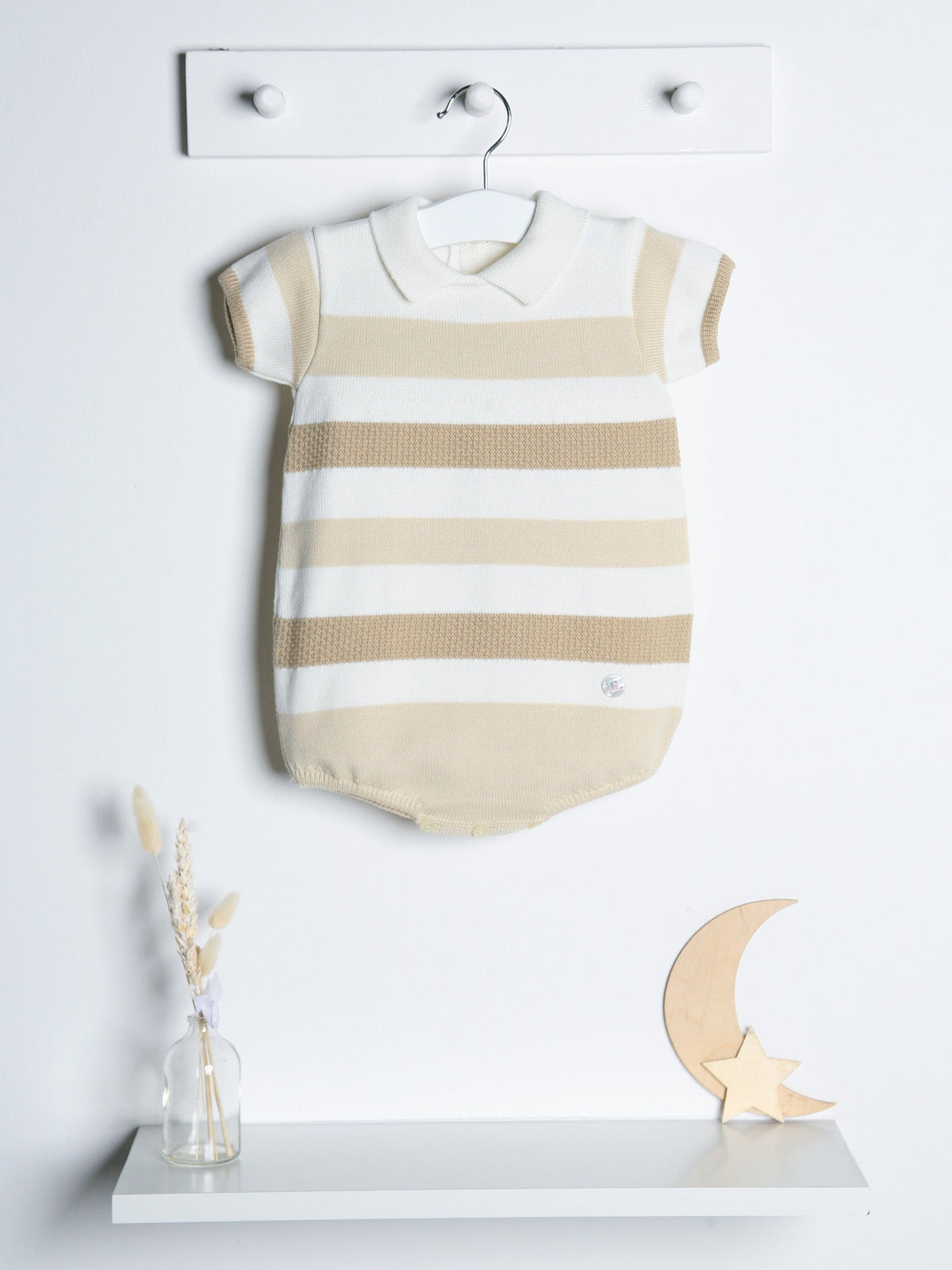 'Miles' beige stripe knitted romper with polo collar - Rose & Albert