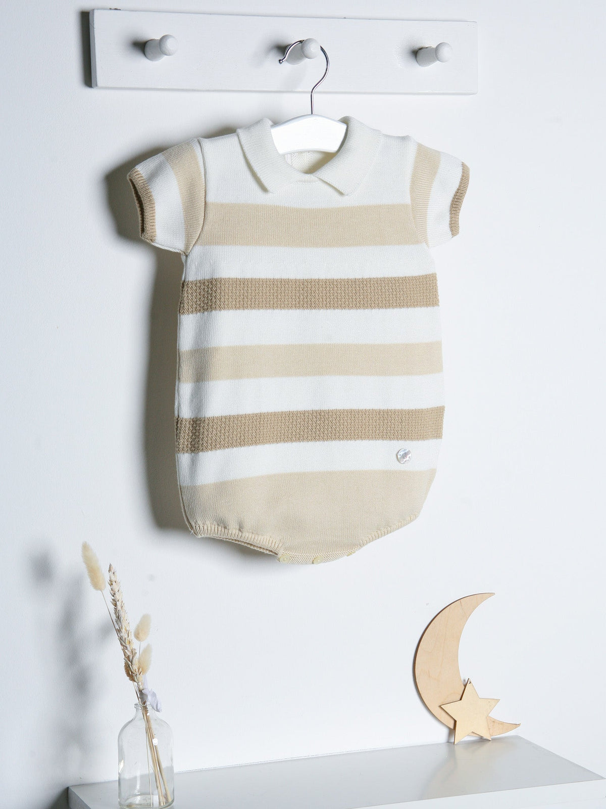 'Miles' beige stripe knitted romper with polo collar - Rose & Albert