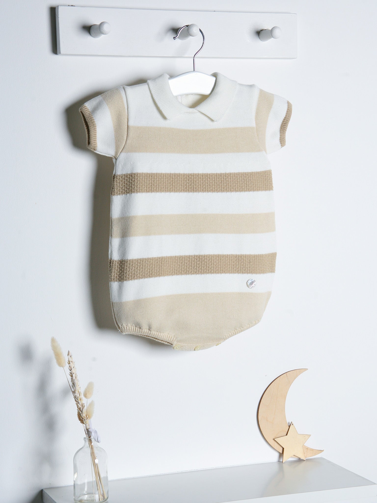 'Miles' beige stripe knitted romper with polo collar - Rose & Albert