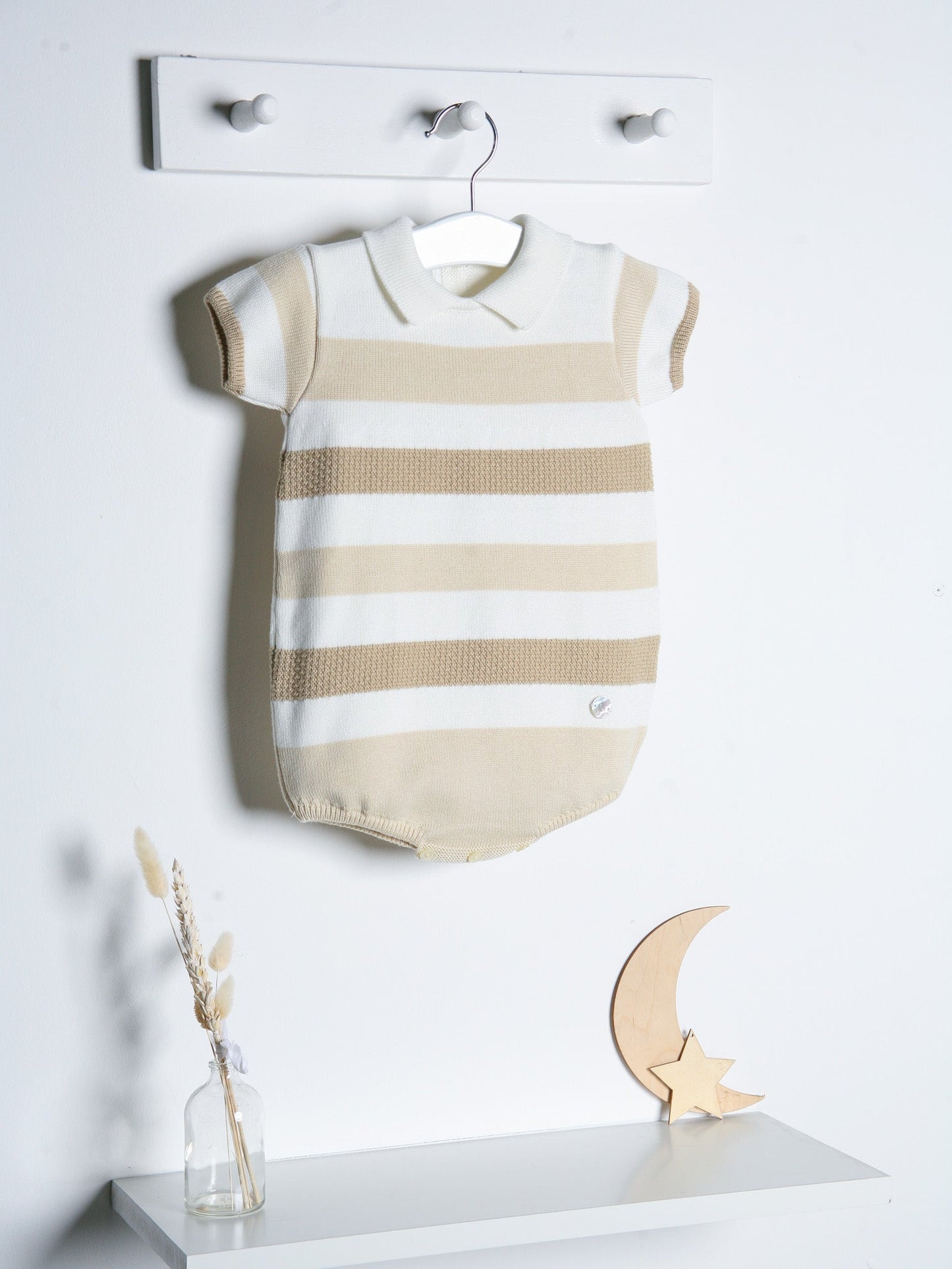 'Miles' beige stripe knitted romper with polo collar - Rose & Albert