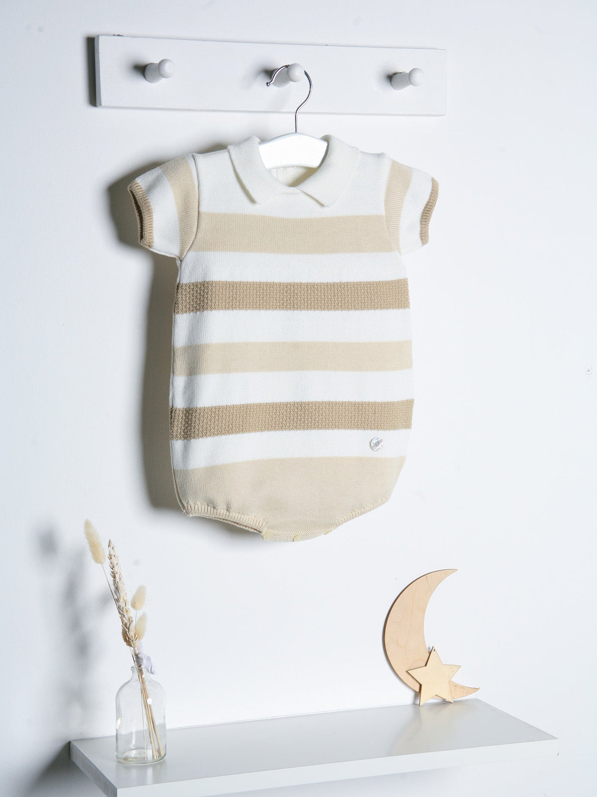 'Miles' beige stripe knitted romper with polo collar - Rose & Albert