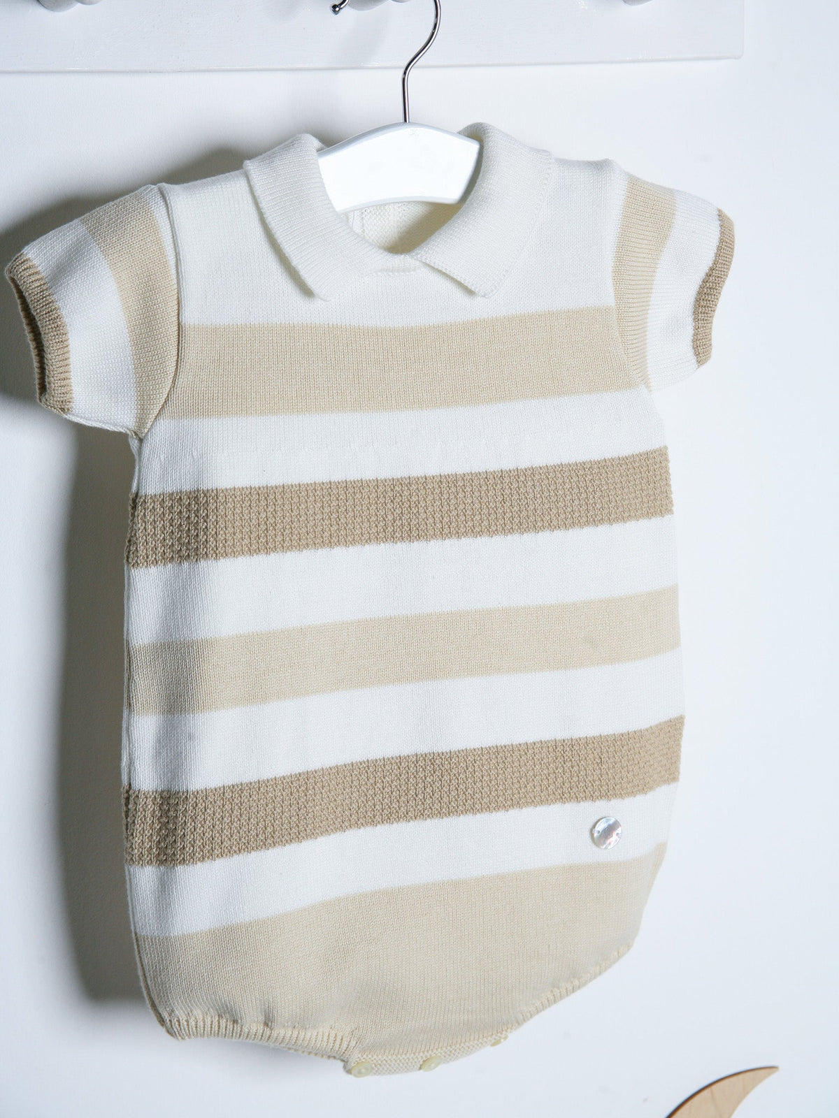 'Miles' beige stripe knitted romper with polo collar - Rose & Albert