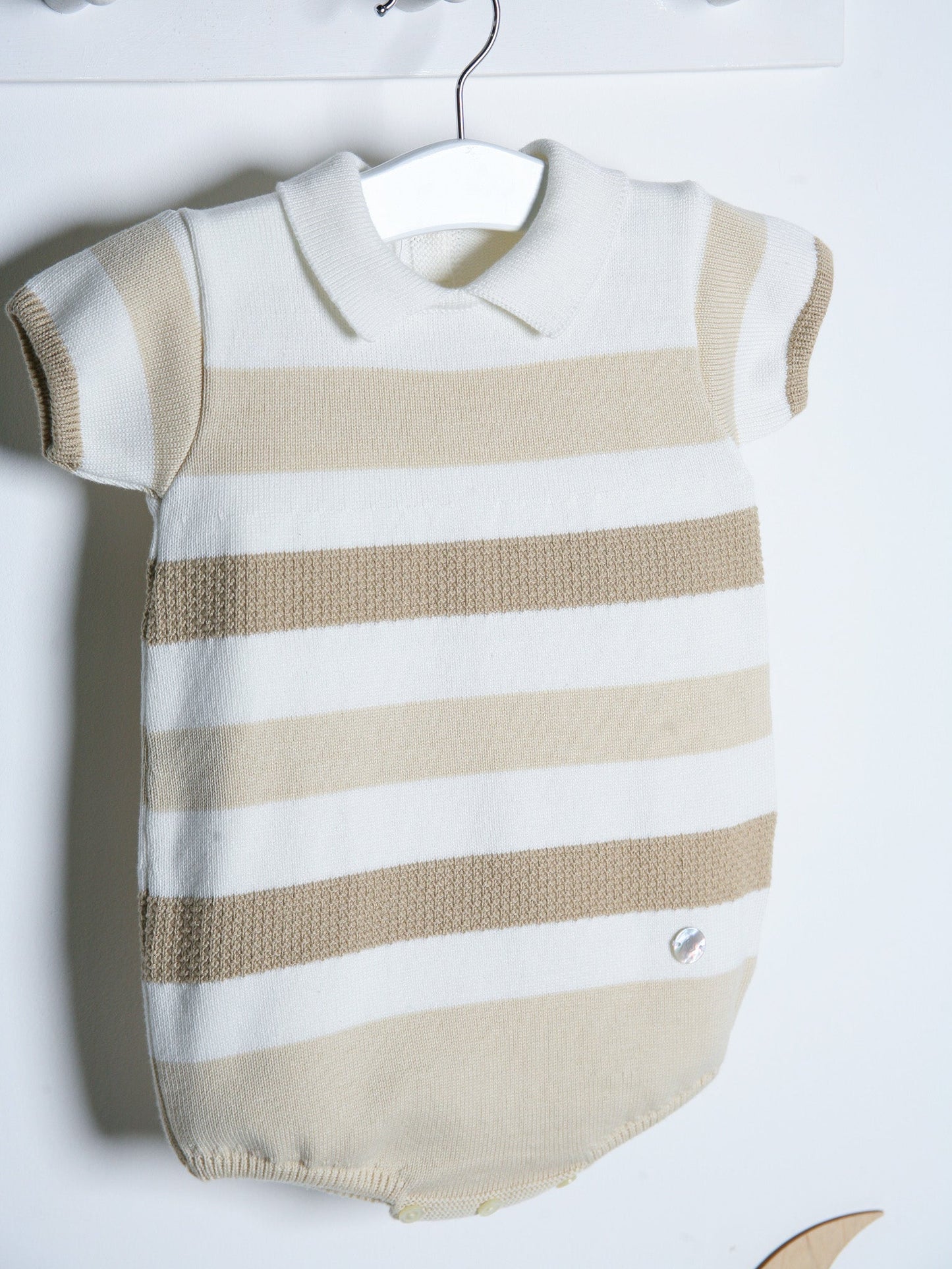 'Miles' beige stripe knitted romper with polo collar - Rose & Albert