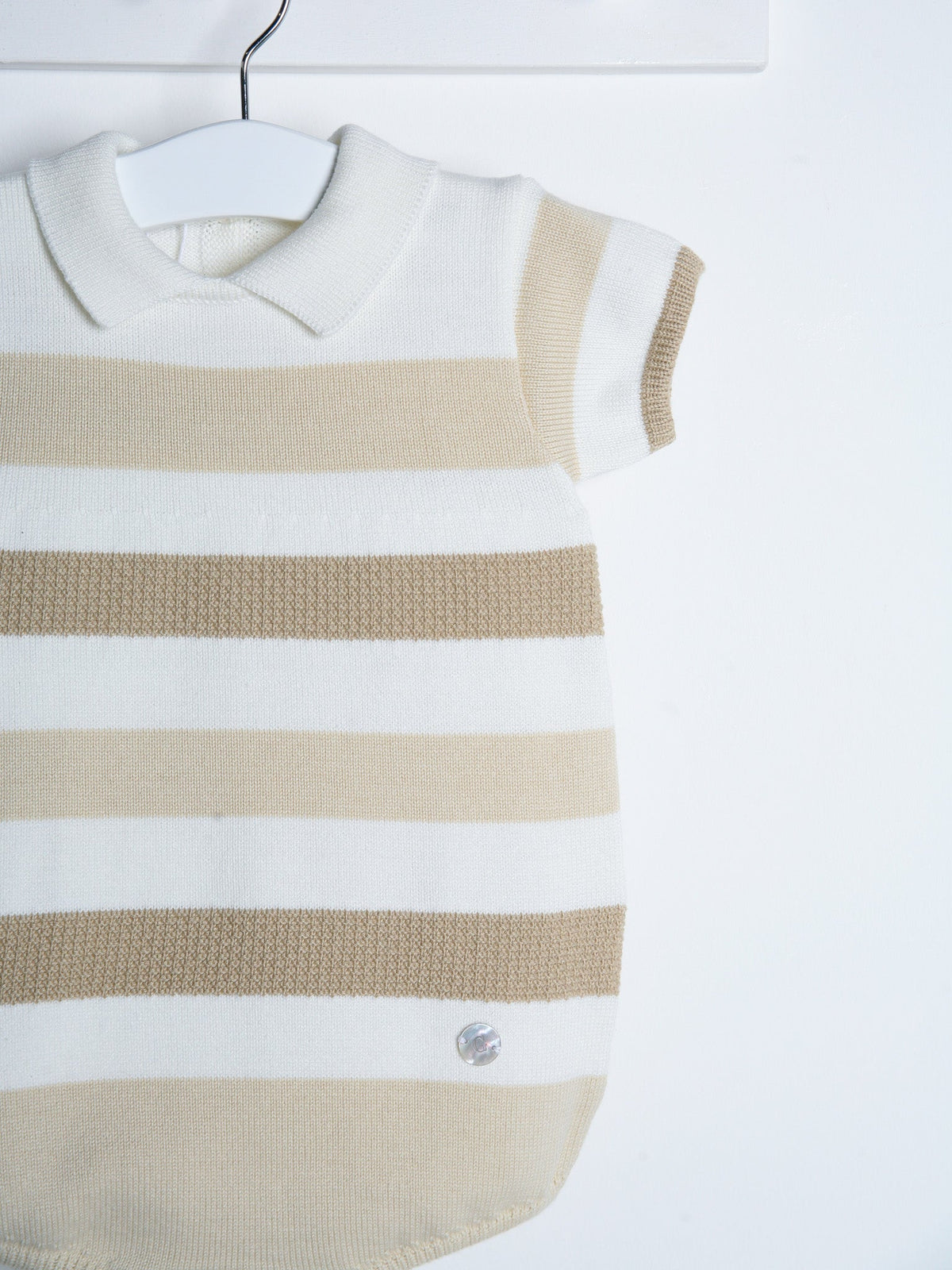 'Miles' beige stripe knitted romper with polo collar - Rose & Albert