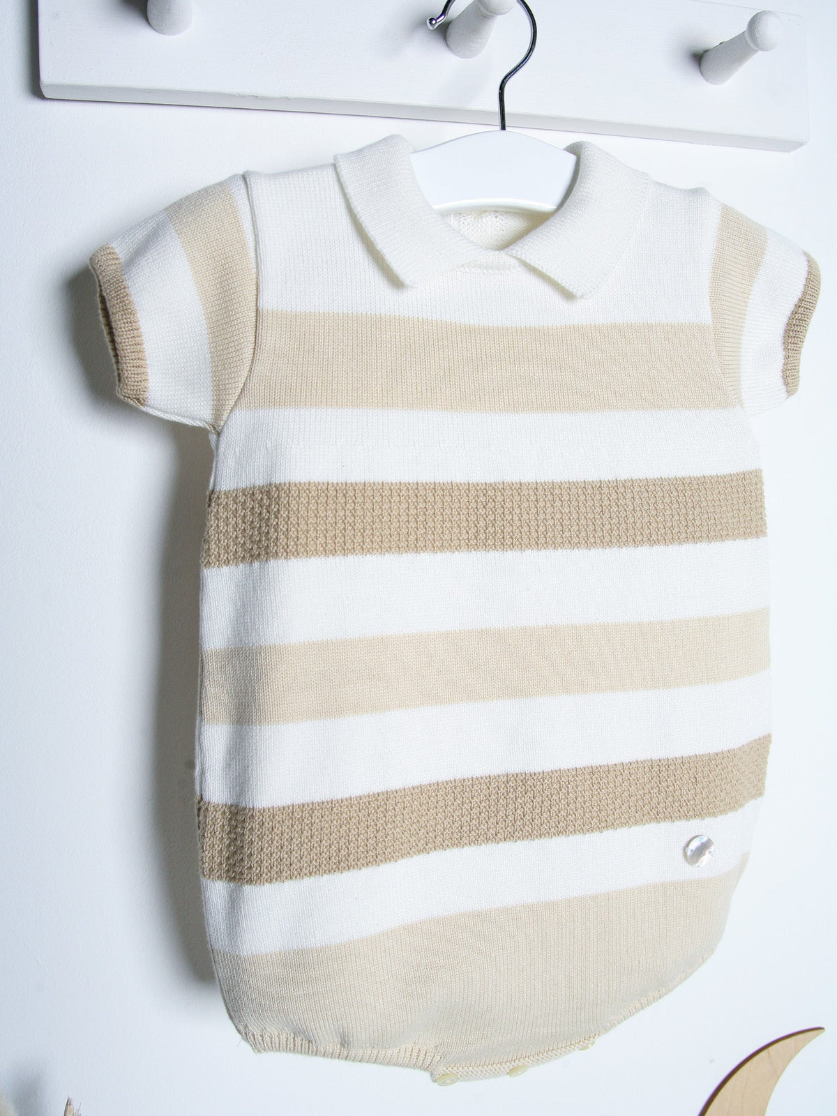 'Miles' beige stripe knitted romper with polo collar - Rose & Albert