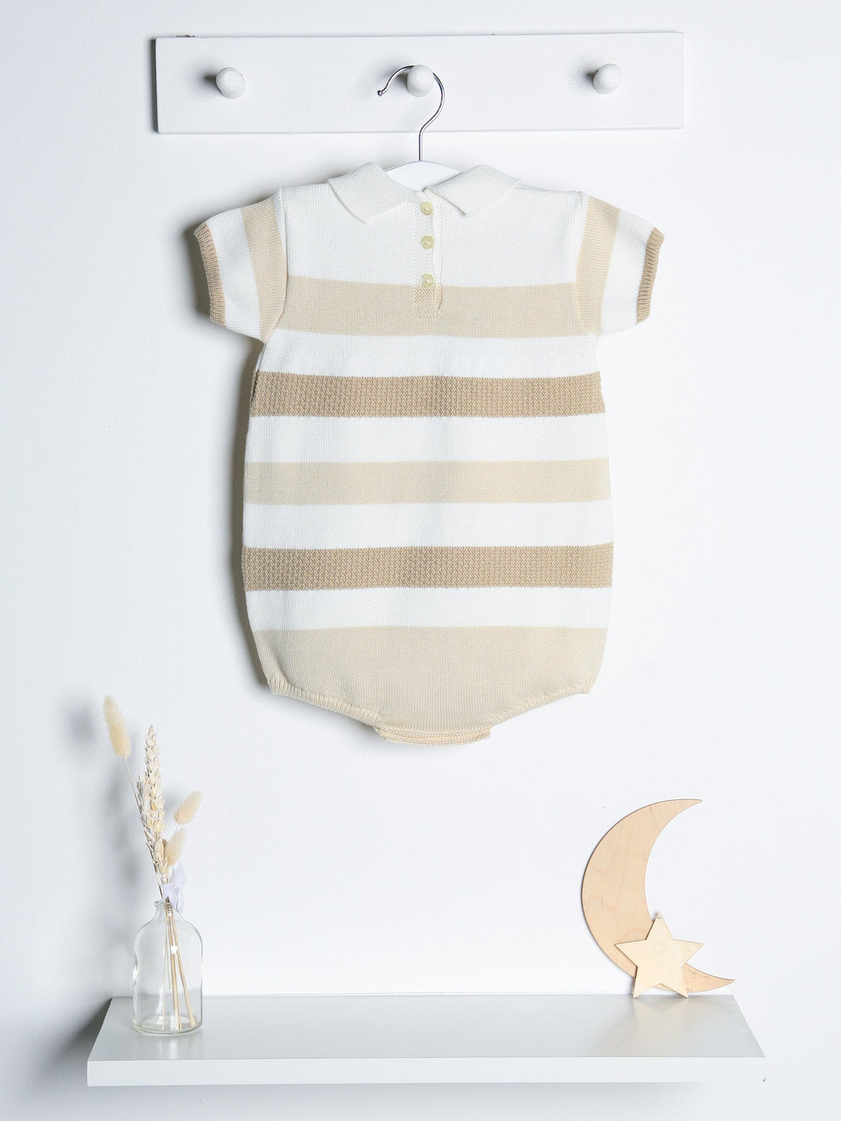 'Miles' beige stripe knitted romper with polo collar - Rose & Albert