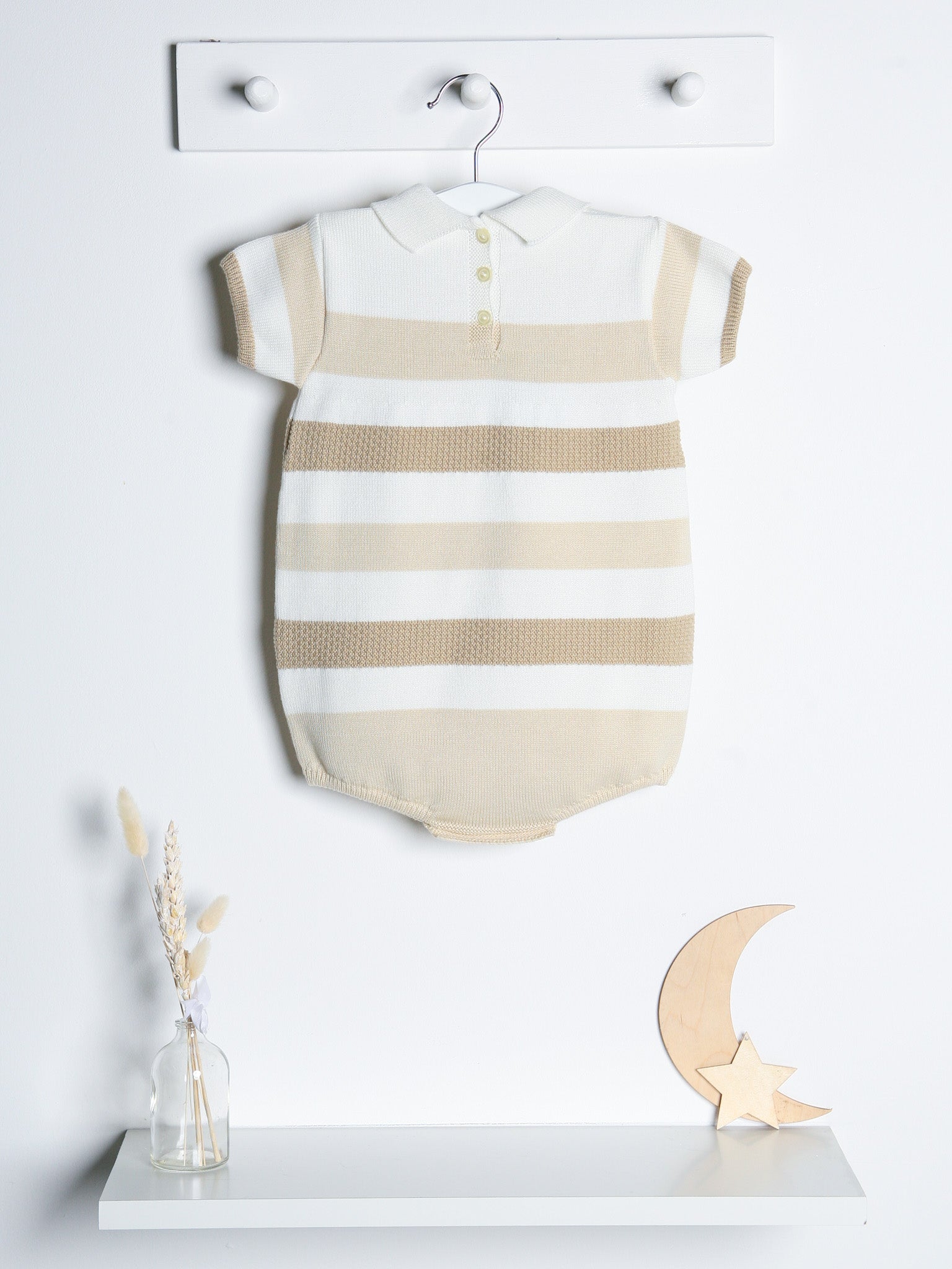 'Miles' beige stripe knitted romper with polo collar - Rose & Albert