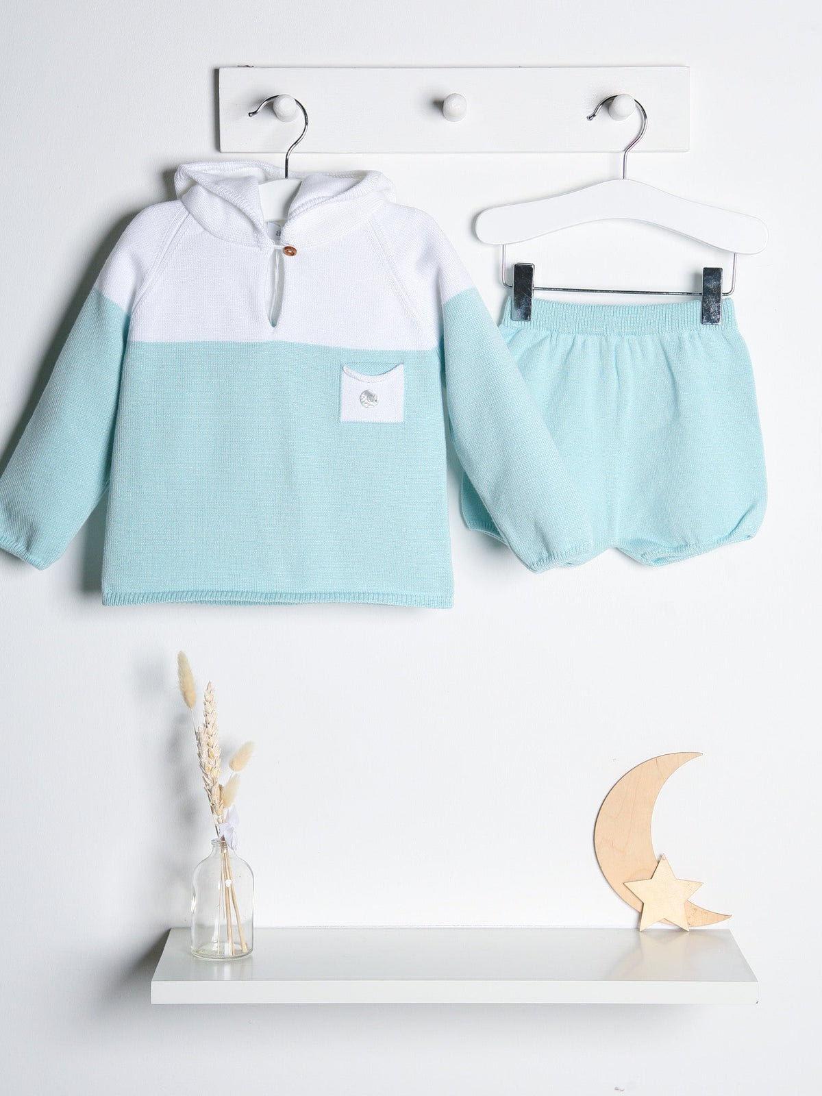 'Franklin' mint & White Knitted Hooded Short Set - Rose & Albert