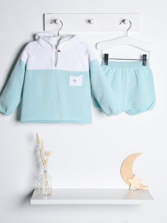 'Franklin' mint & White Knitted Hooded Short Set - Rose & Albert