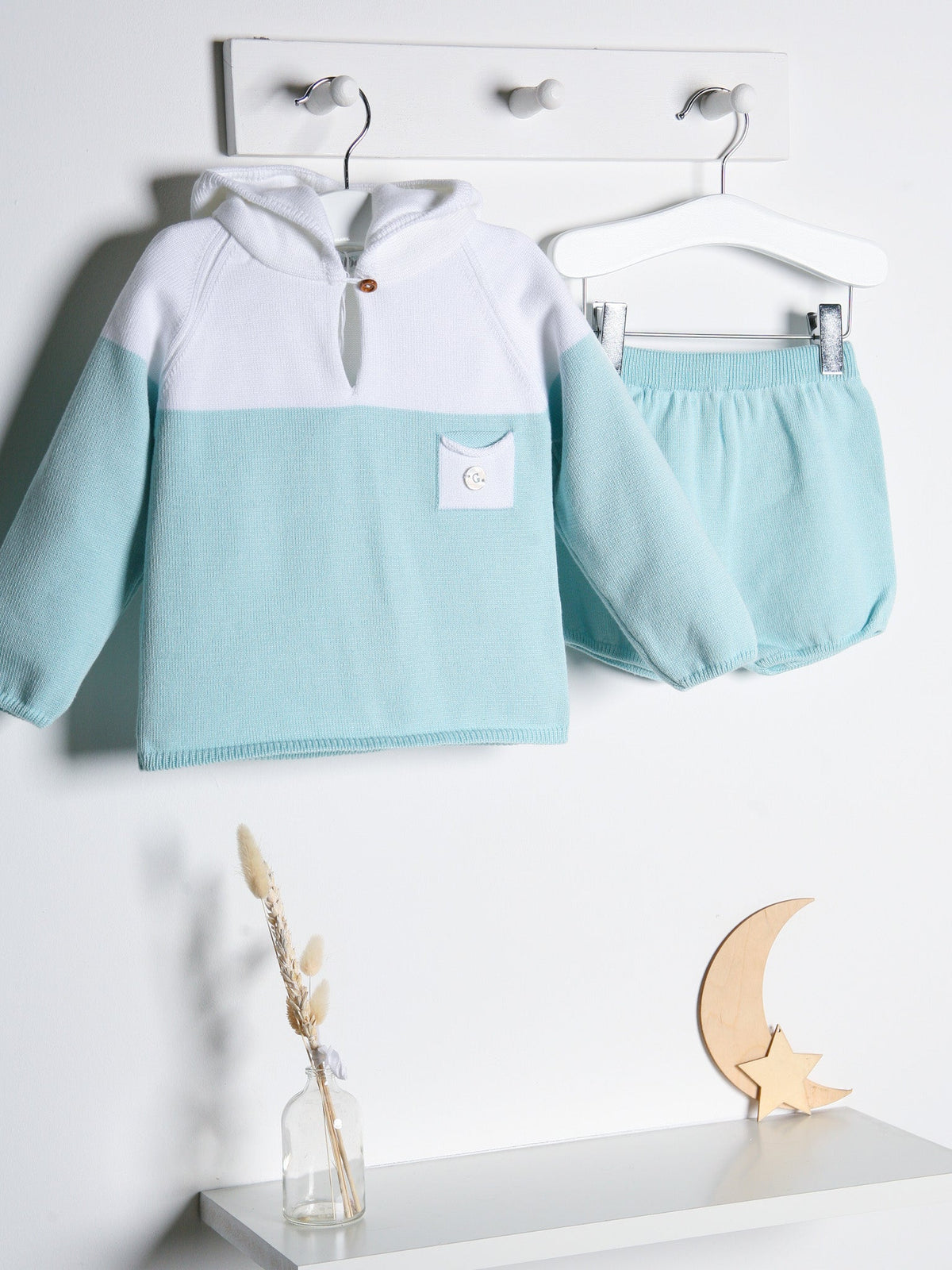 'Franklin' mint & White Knitted Hooded Short Set - Rose & Albert