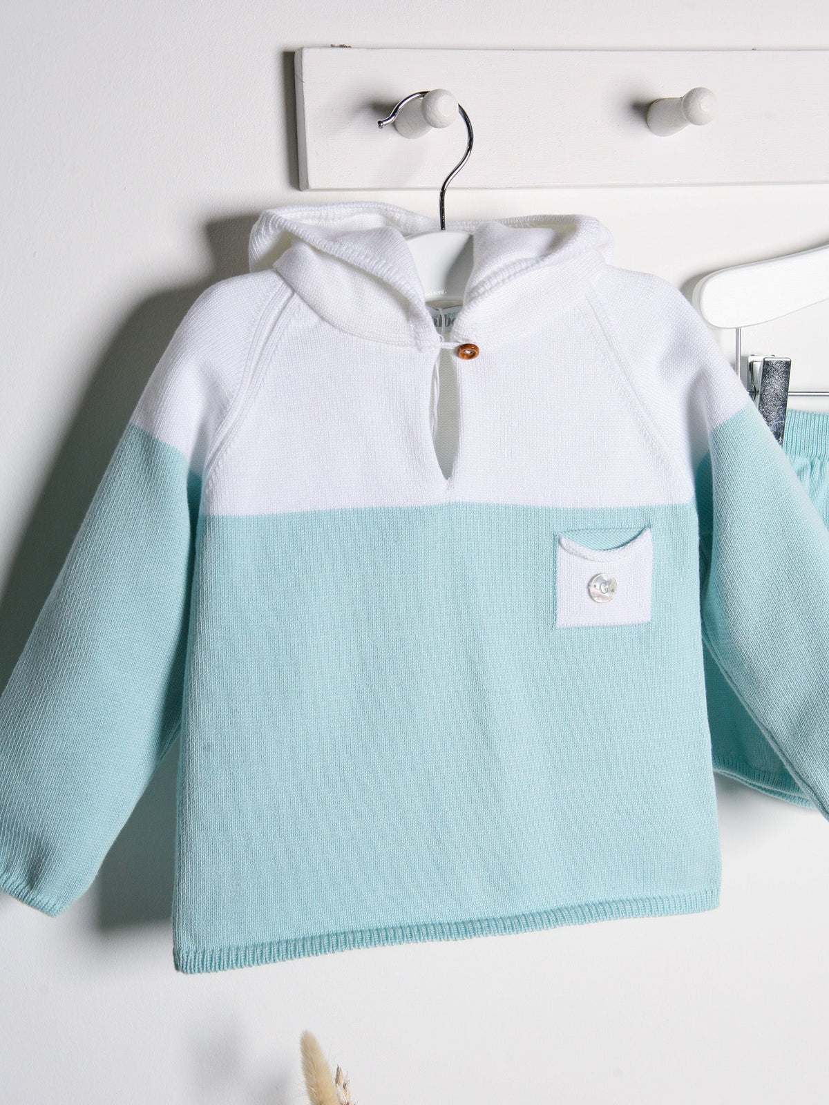'Franklin' mint & White Knitted Hooded Short Set - Rose & Albert