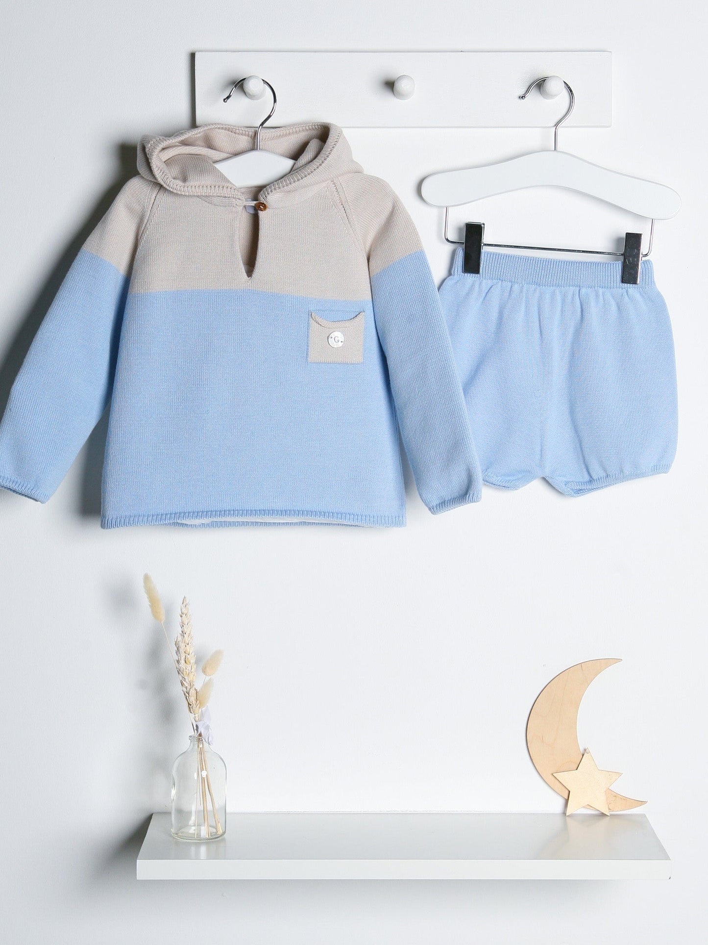 'Felix' Blue & Beige Knitted Hooded Short Set - Rose & Albert