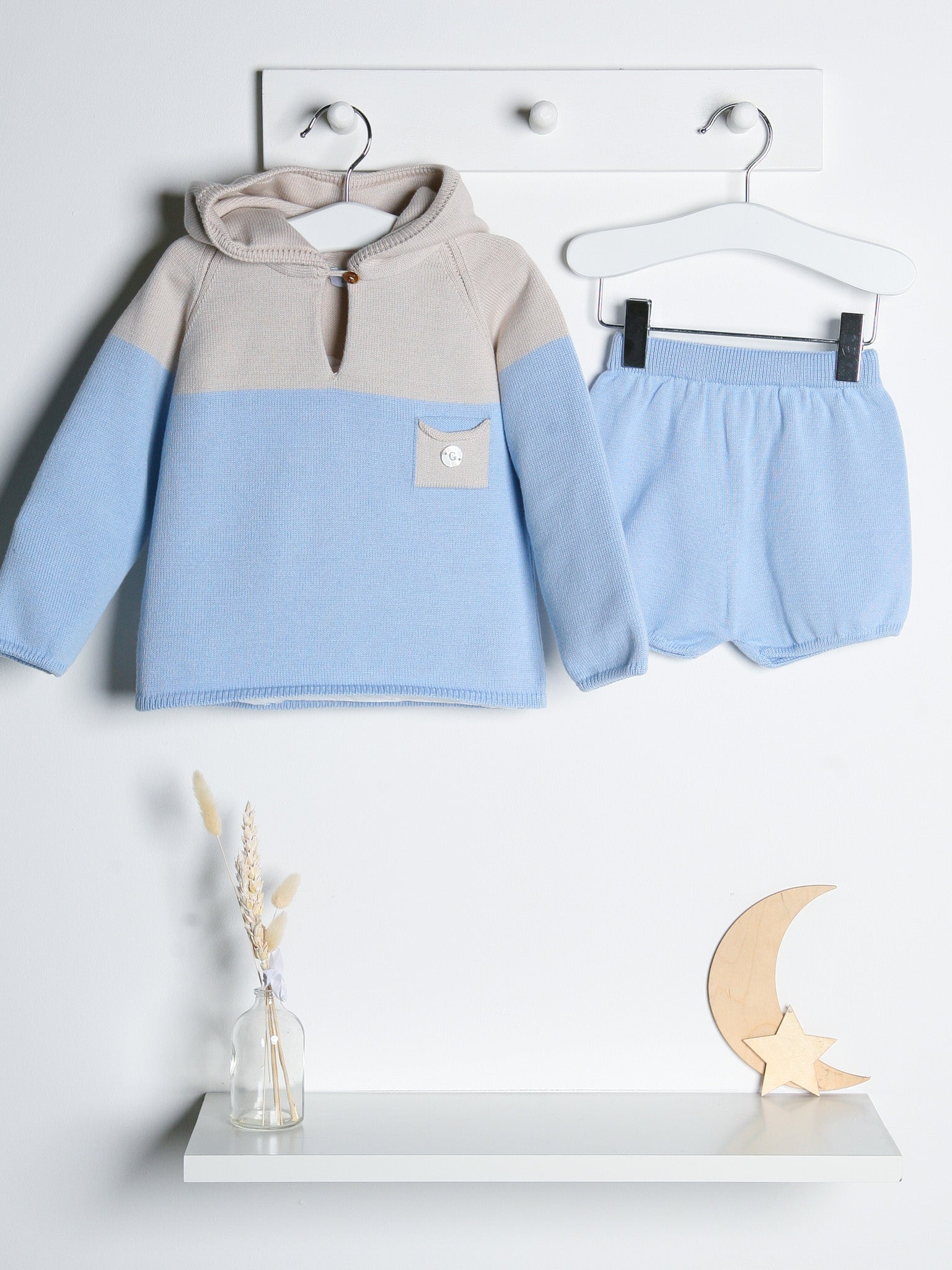 'Felix' Blue & Beige Knitted Hooded Short Set - Rose & Albert
