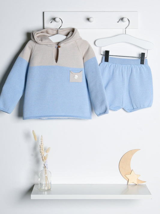 'Felix' Blue & Beige Knitted Hooded Short Set - Rose & Albert